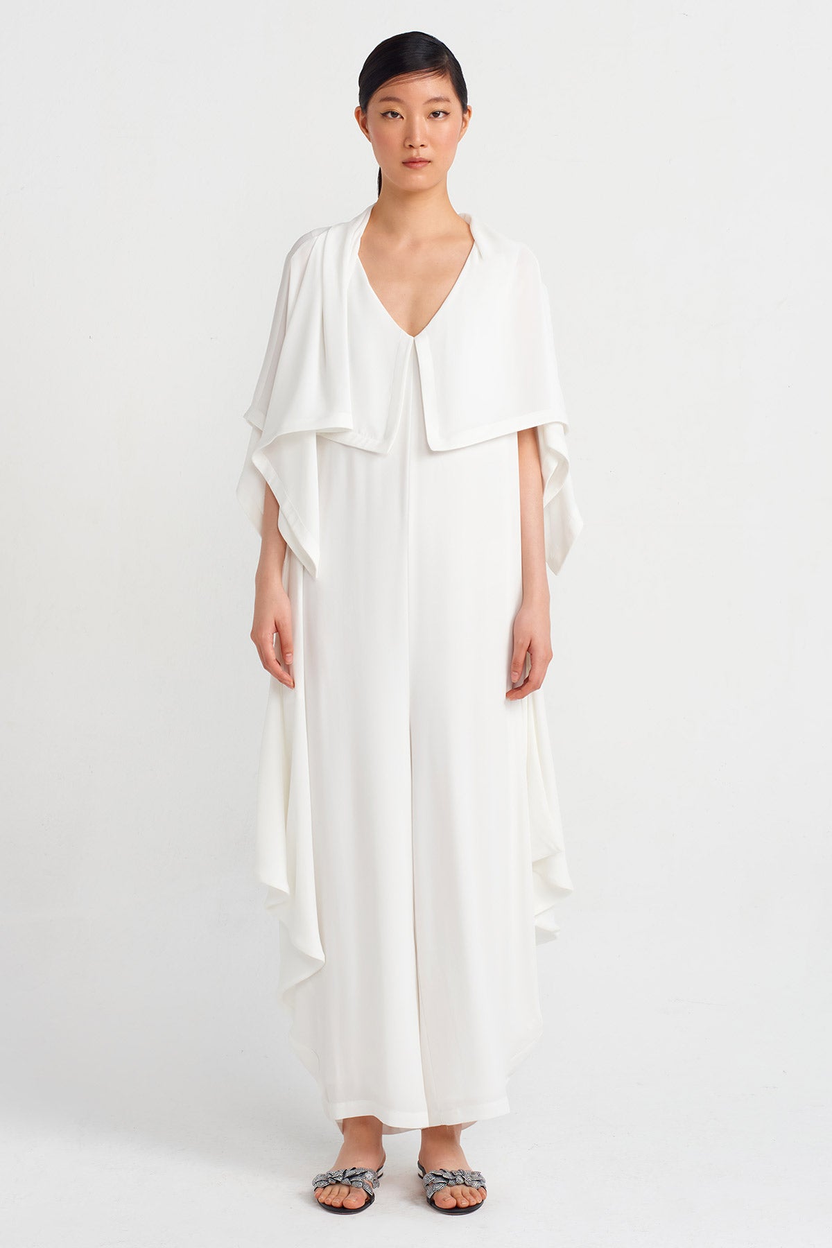 Off White Backless Cape Dress-Y244014140