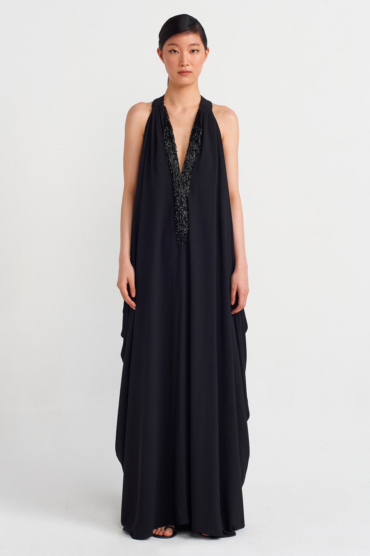 Black / Black V-Neck, Embroidered Detail Dress-Y244014141