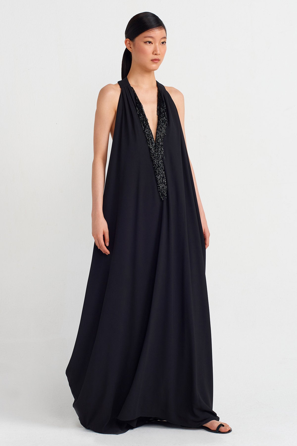 Black / Black V-Neck, Embroidered Detail Dress-Y244014141
