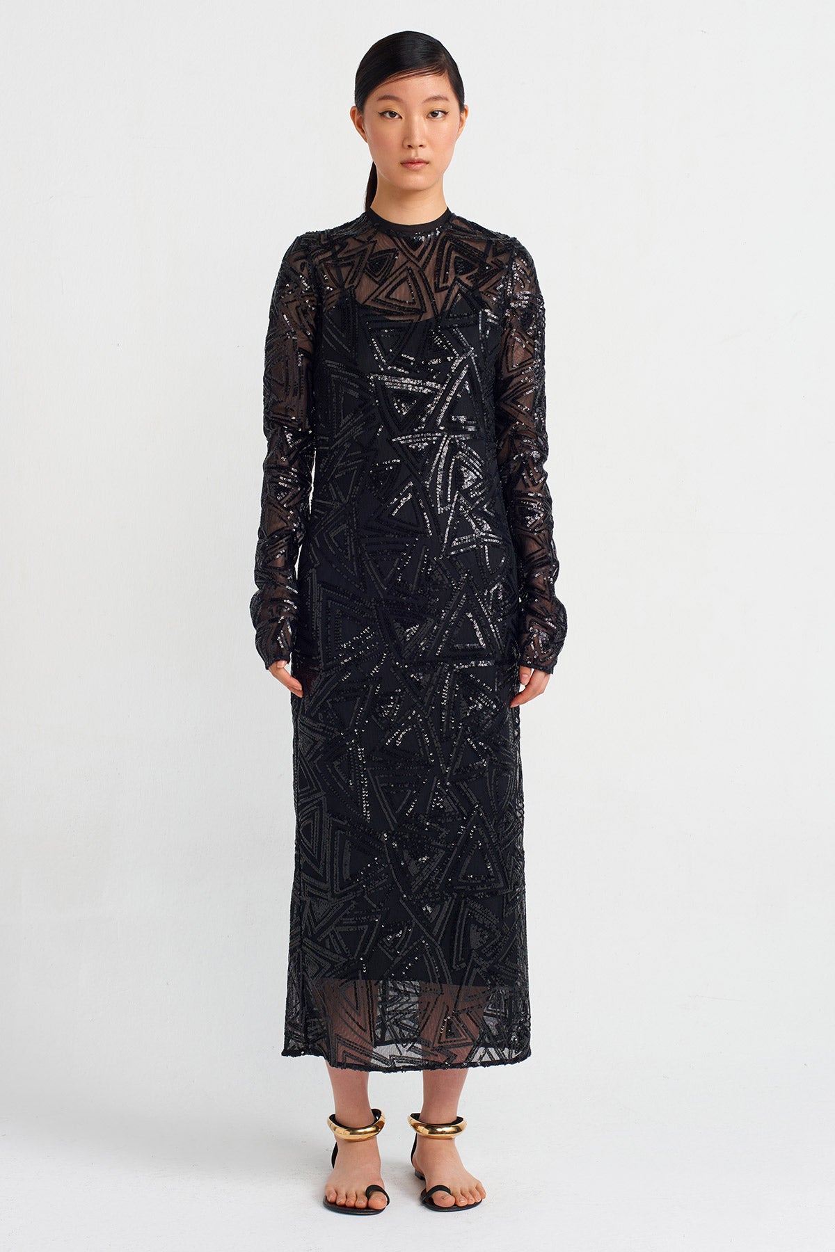 Black Embroidered Tulle Midi Dress-Y244014142