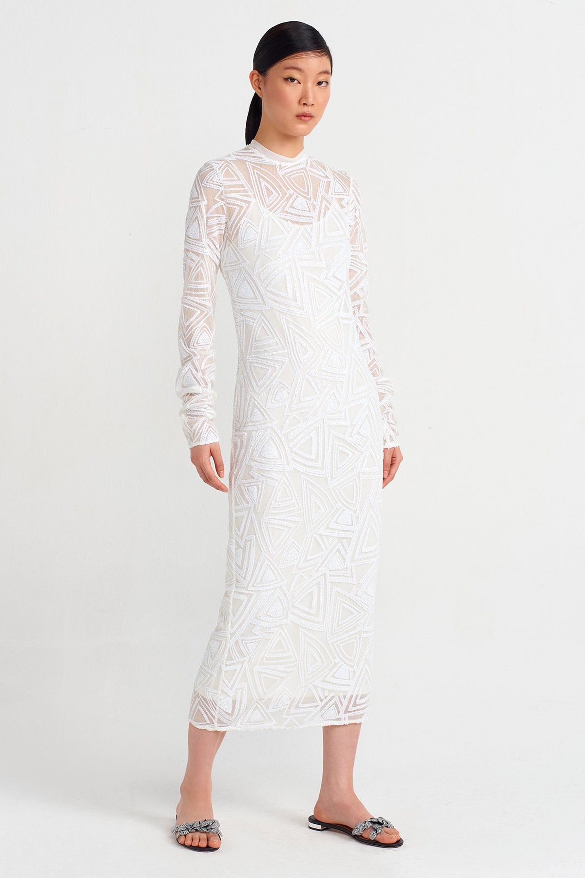 Off White Embroidered Tulle Midi Dress-Y244014142