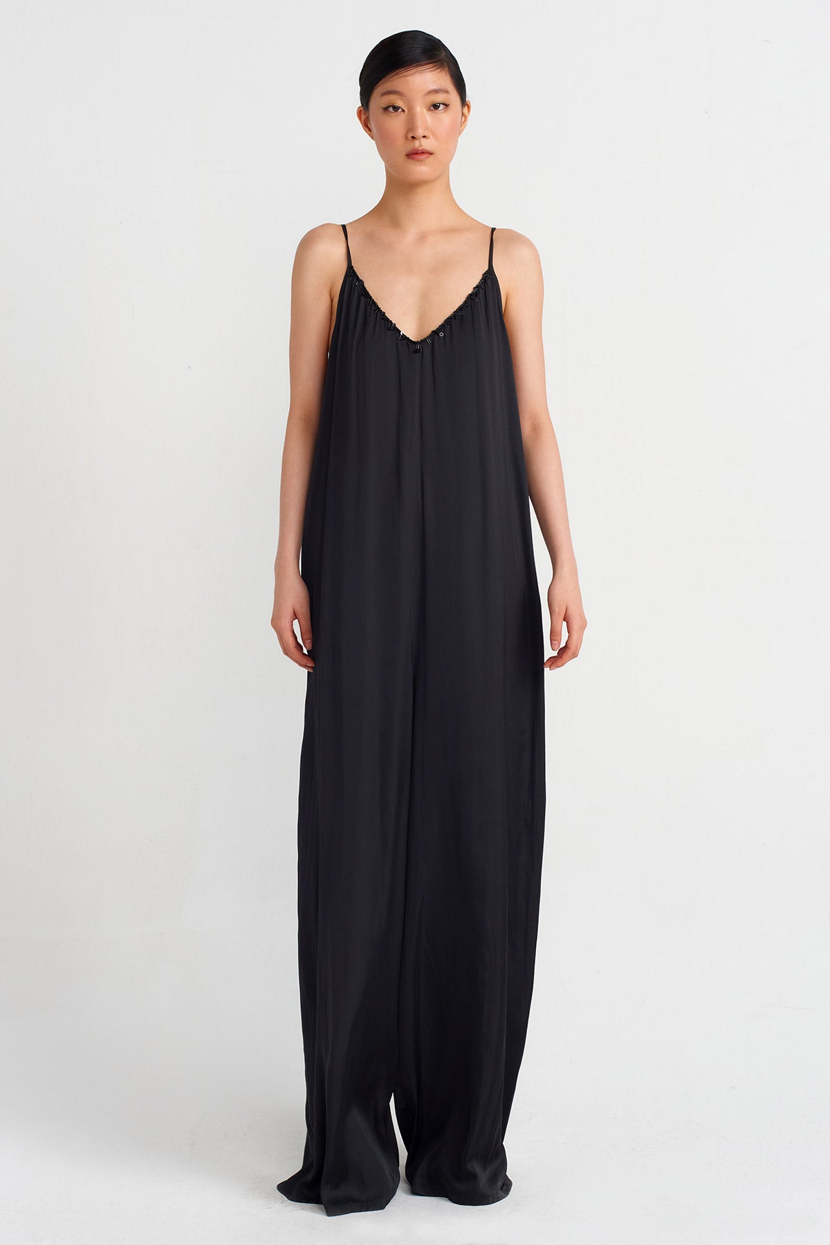 Black Thin-Strap, Bead-Detailed Elegant Jumpsuit-Y244014144