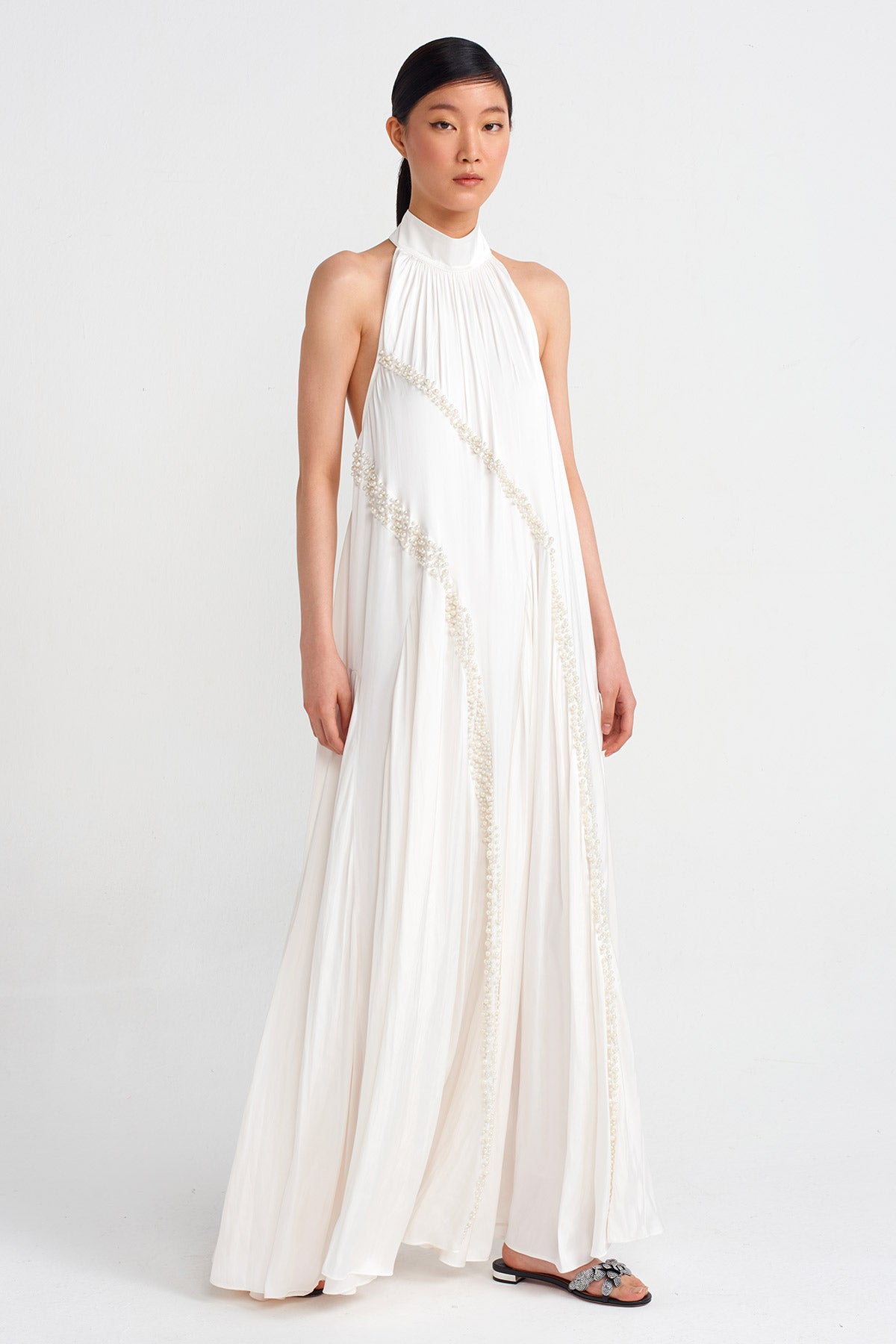 Off White Bead-Embroidered Halter Neck Elegant Dress-Y244014146