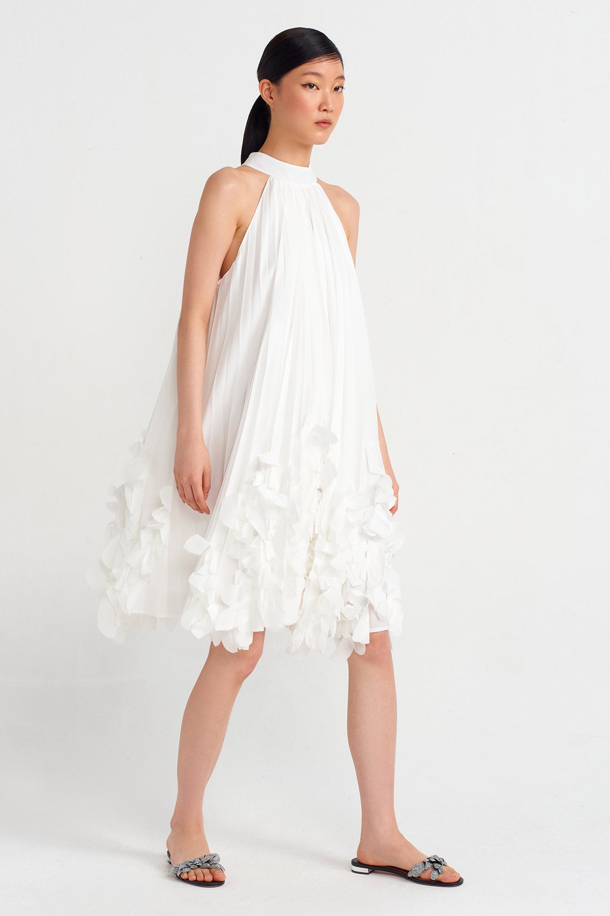Off White Short Dress with Flower Motif-Y244014148
