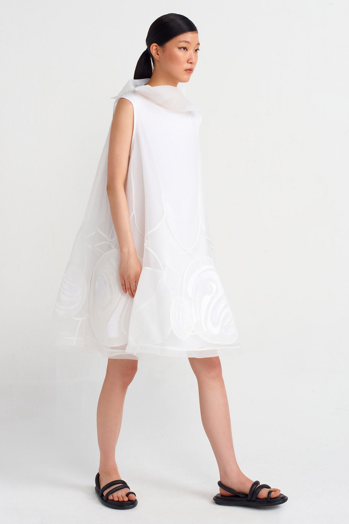 Off White Short Dress with Embroidered Organza Overlay-Y244014149