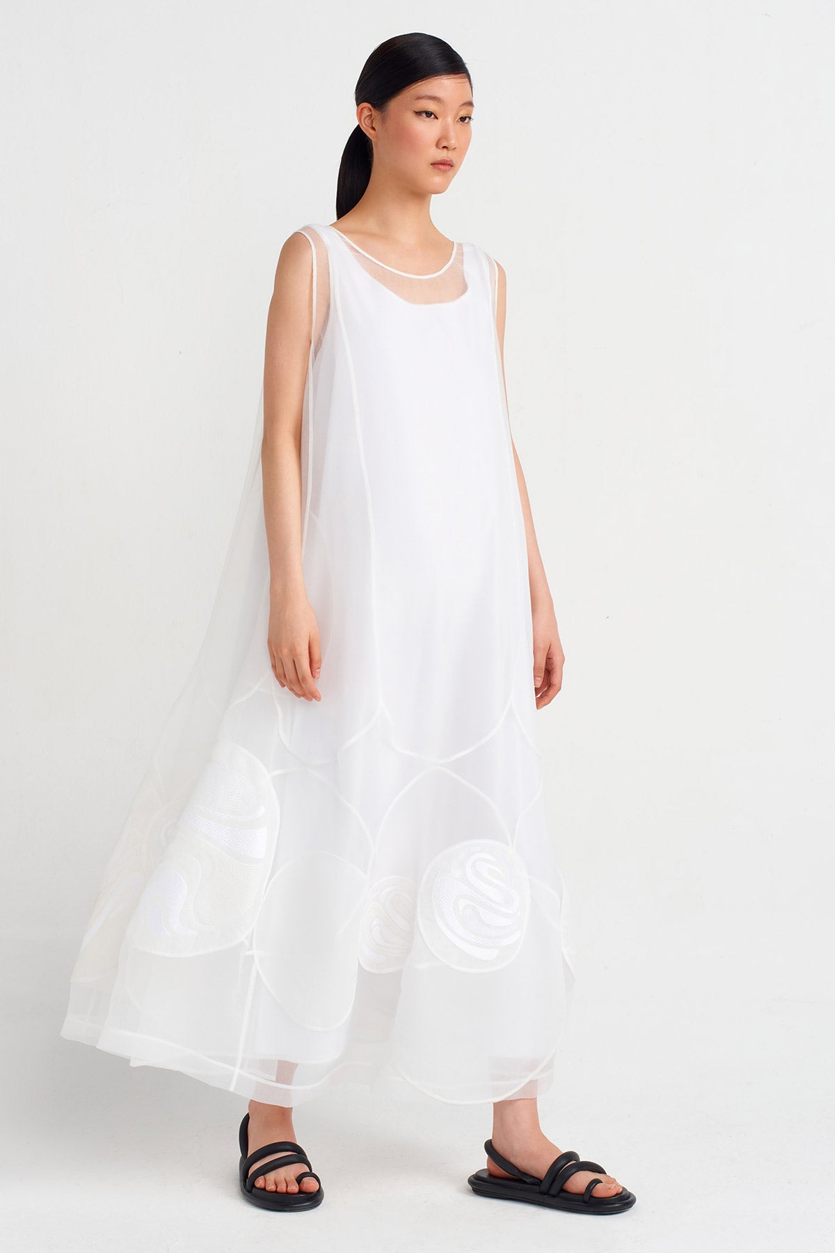 Off White Long Dress with Embroidered Organza Overlay-Y244014150