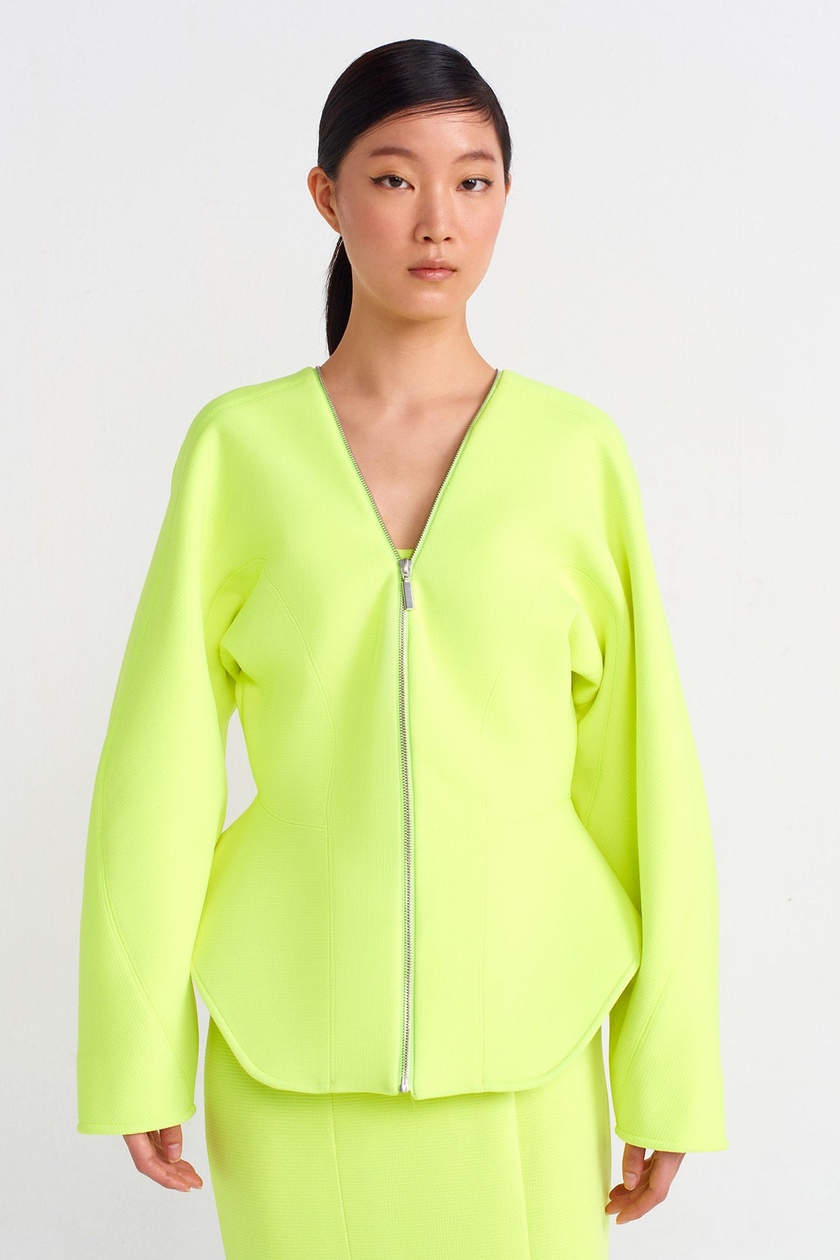 Neon Asit Yeşil Zip-Up Fitted Jacket-Y245015082