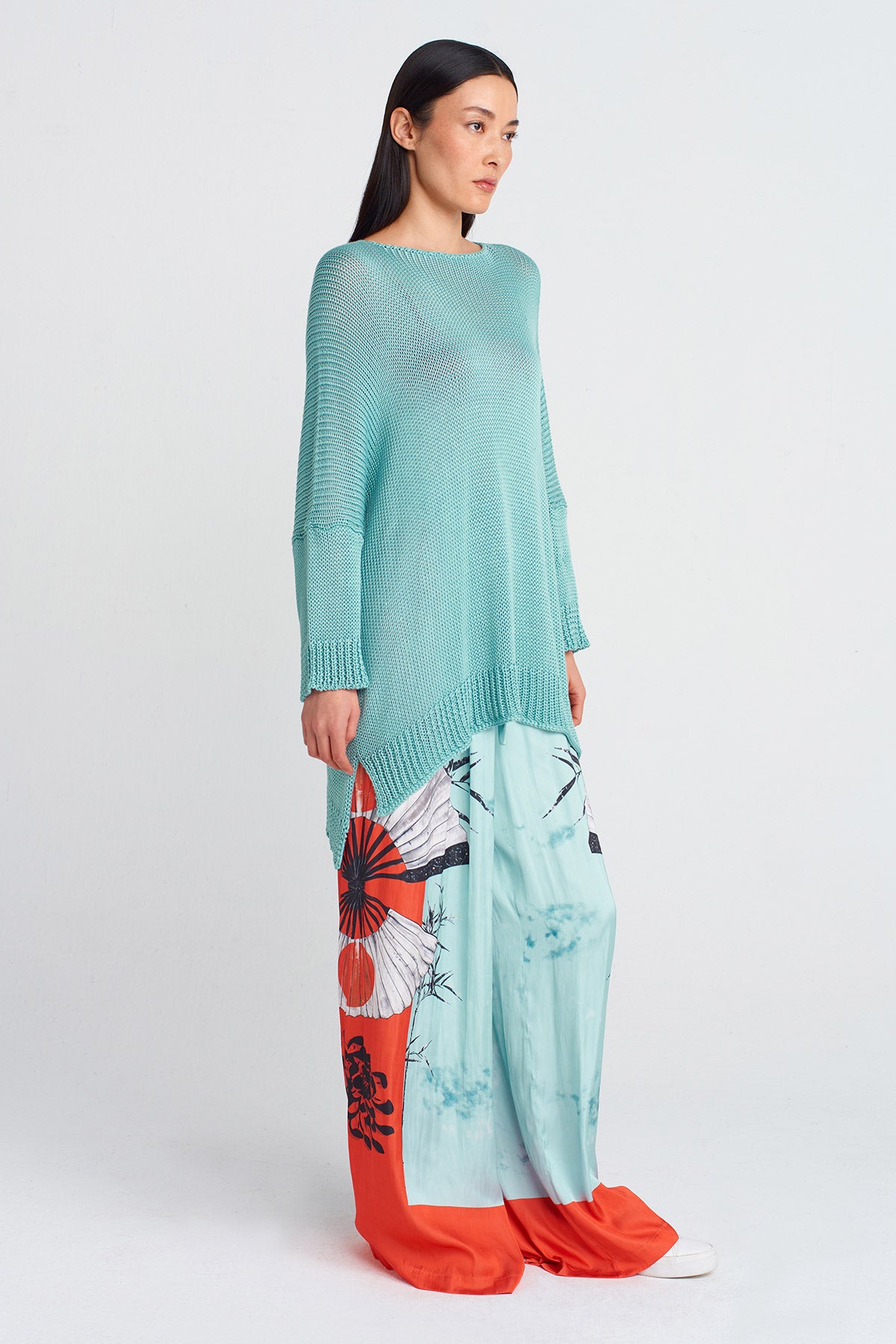 Turquoise Oversized Knit Sweater-Y251011112