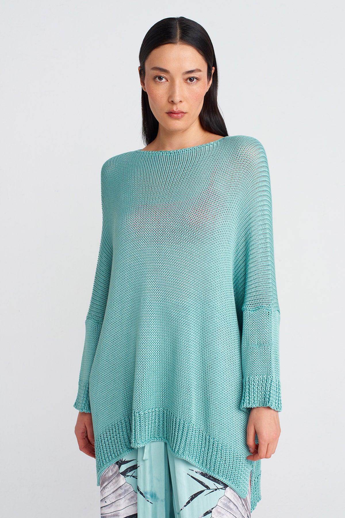 Turquoise Oversized Knit Sweater-Y251011112