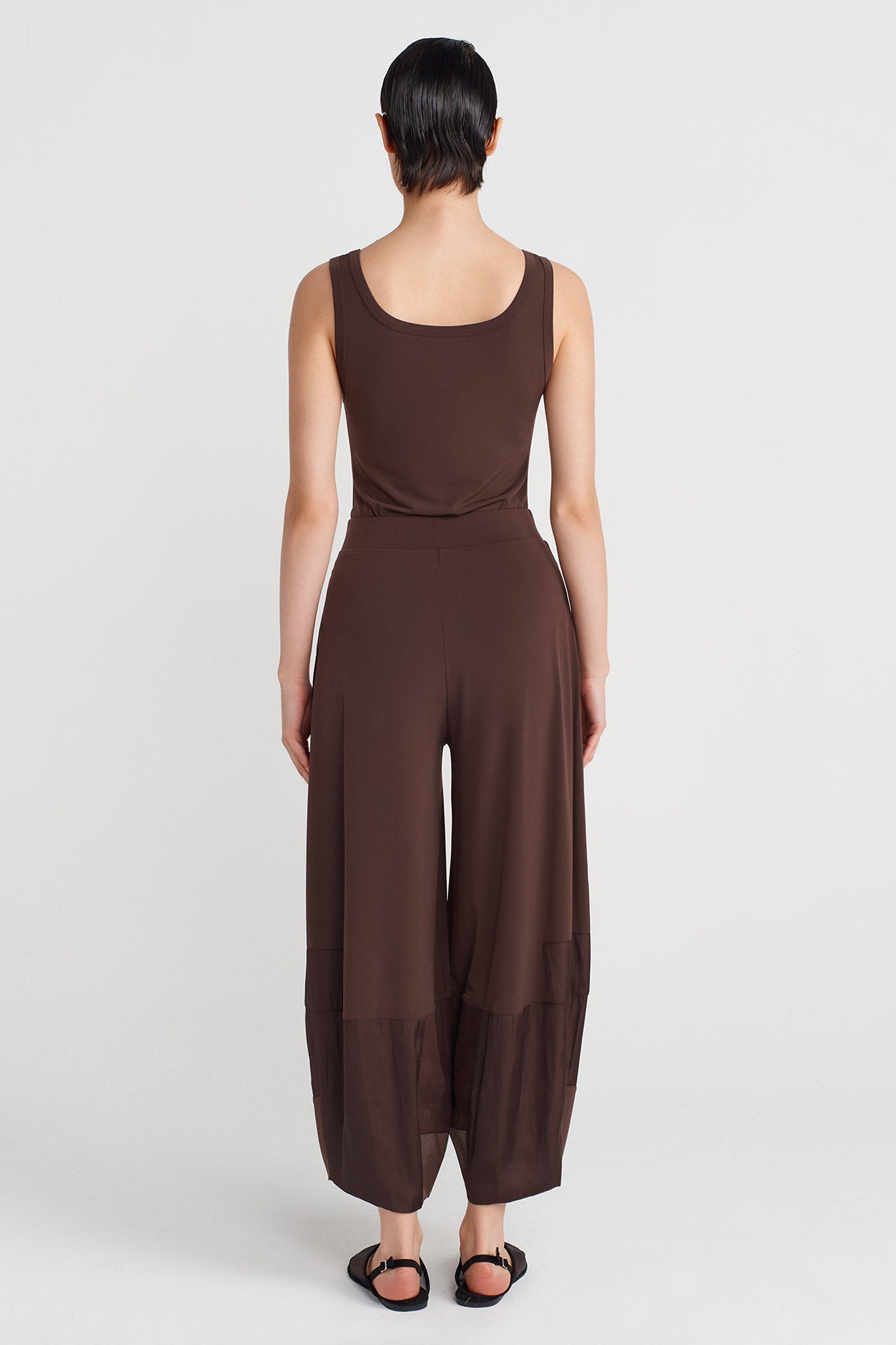 Chocolate Jersey Pants with Organza and Taffeta Striped Details-Y253013114