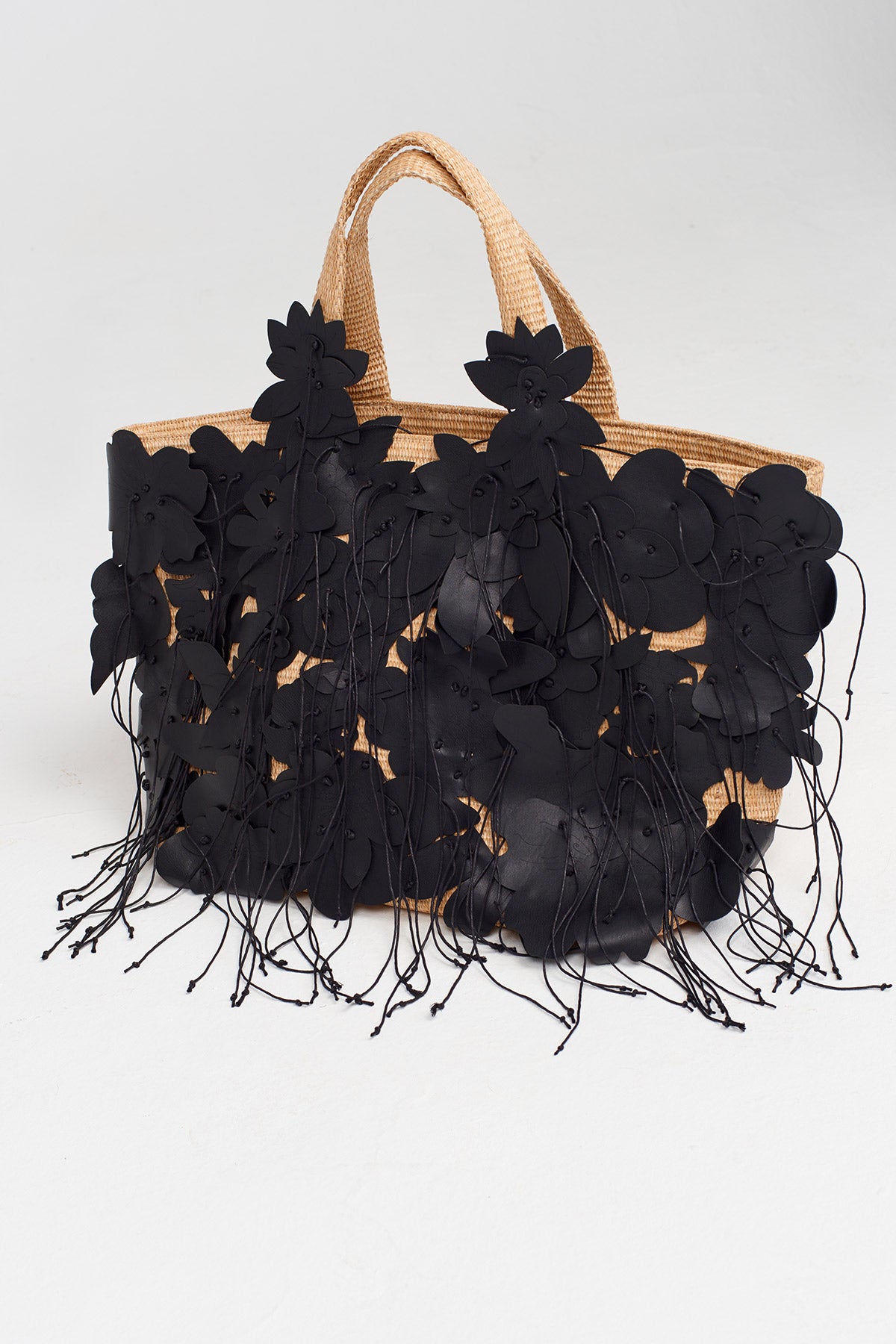 Ecru Straw Bag with Leather Floral Embroidery-Y258018026