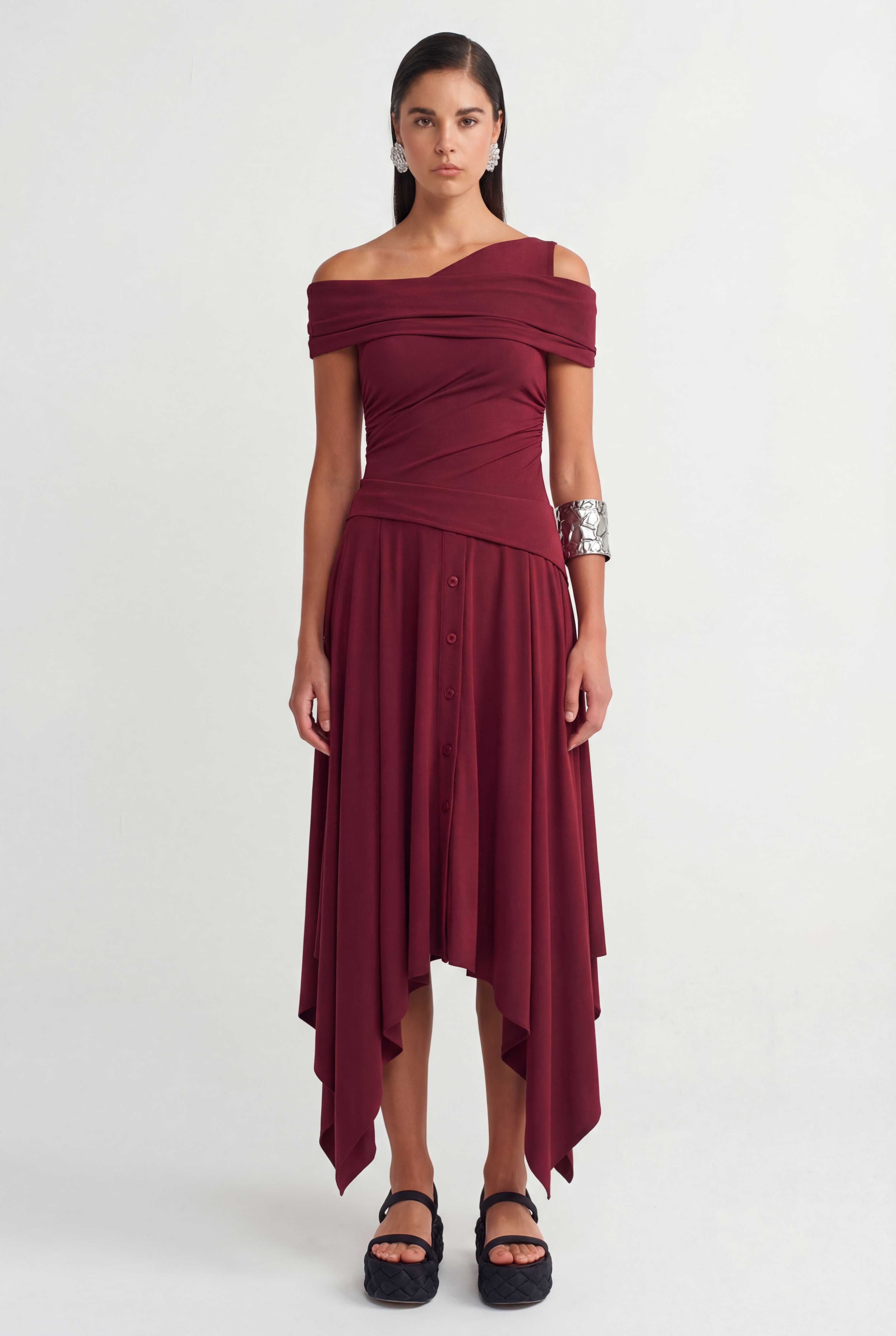 Merlot Asymmetric Draped Jersey Dress-Y264014013