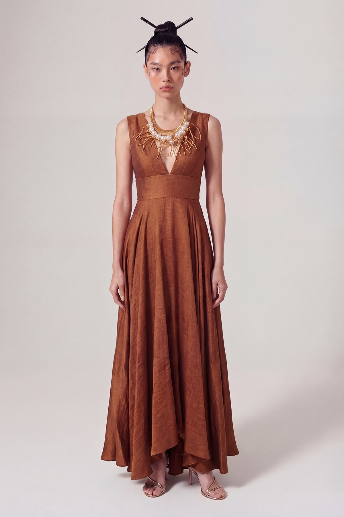 Bronze V-Neck Maxi Dress-Y264014037