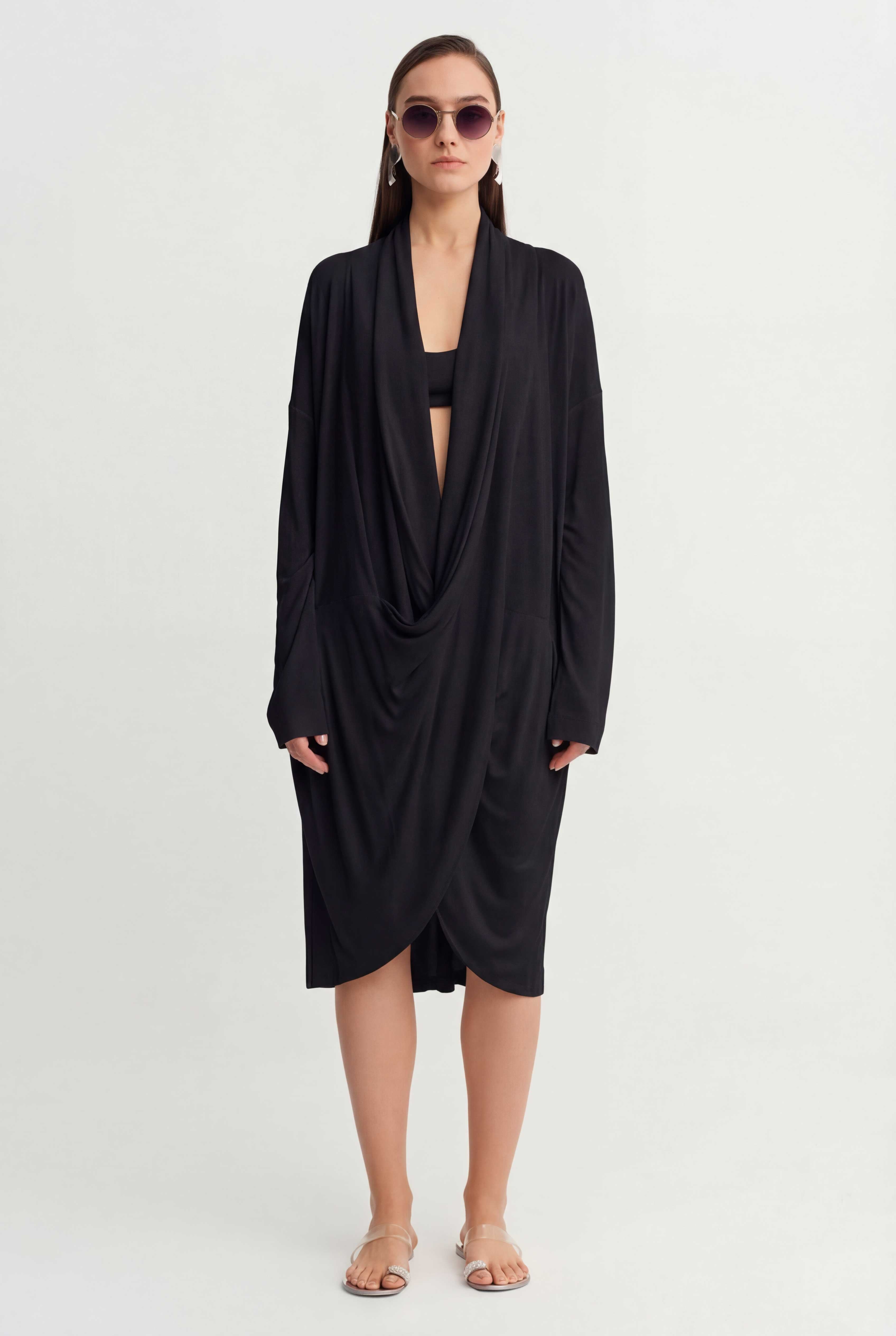 Black Draped Neck Long Dress-Y264014047