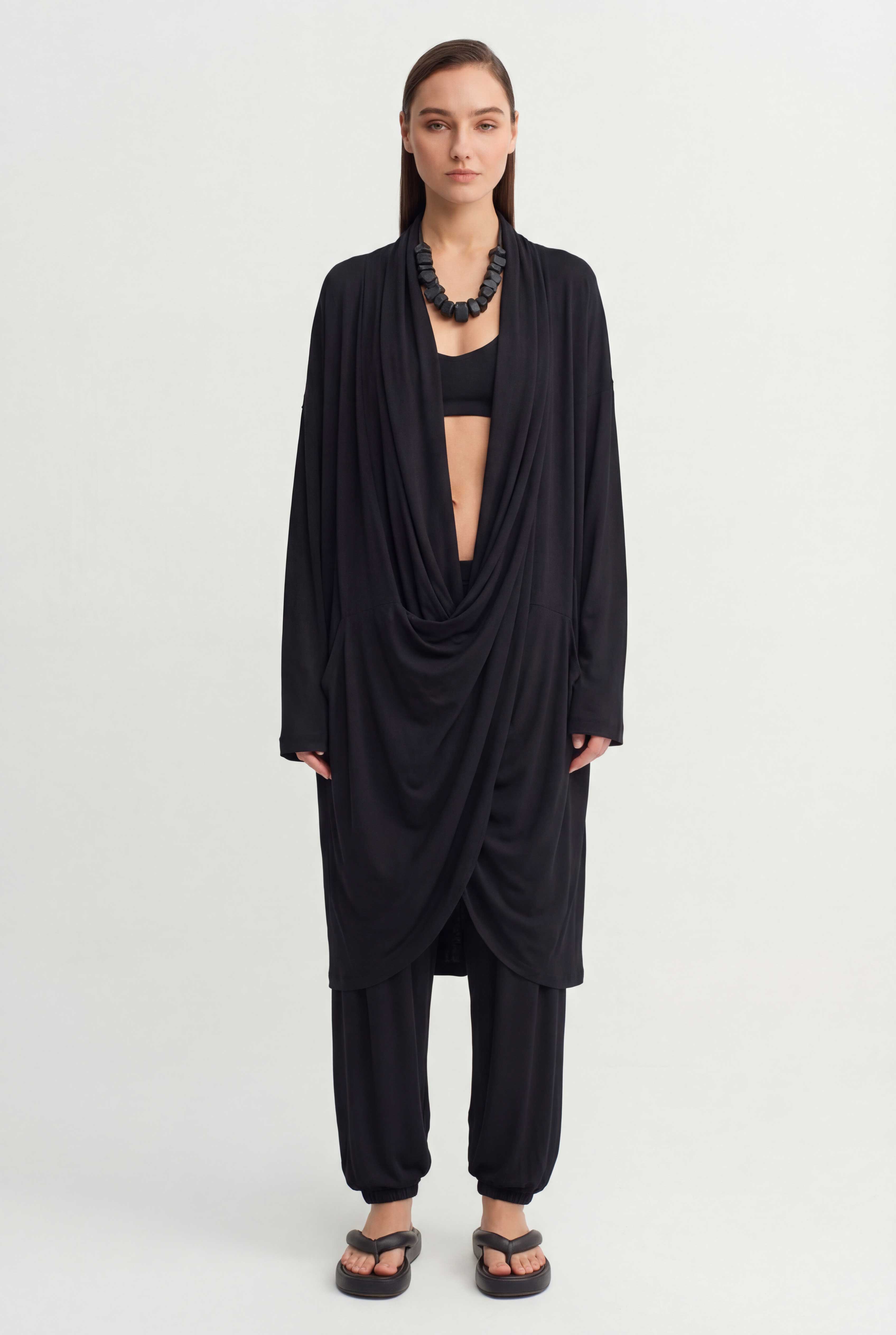 Black Draped Neck Long Dress-Y264014047