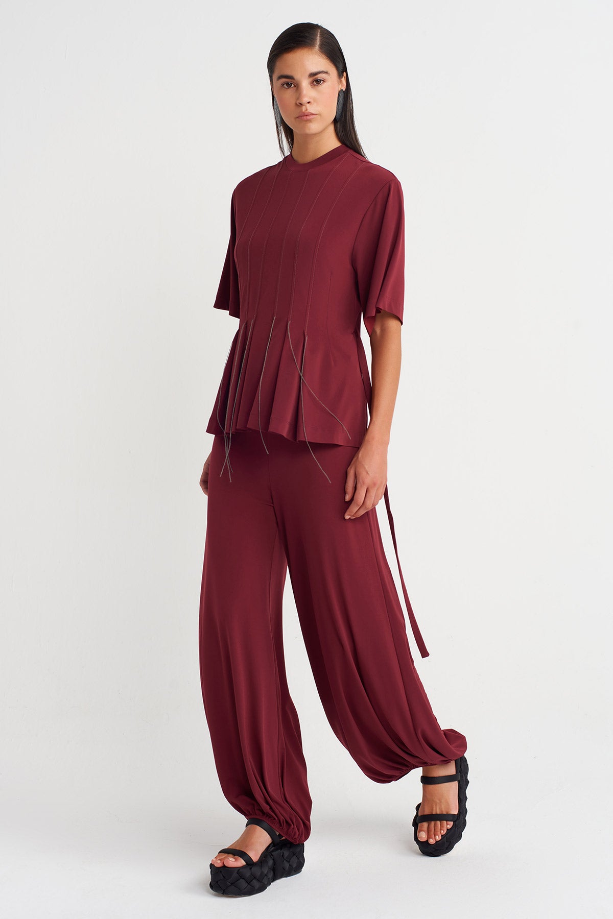 Merlot Tie-Back T-Shirt with Stitch Details-Y261011009