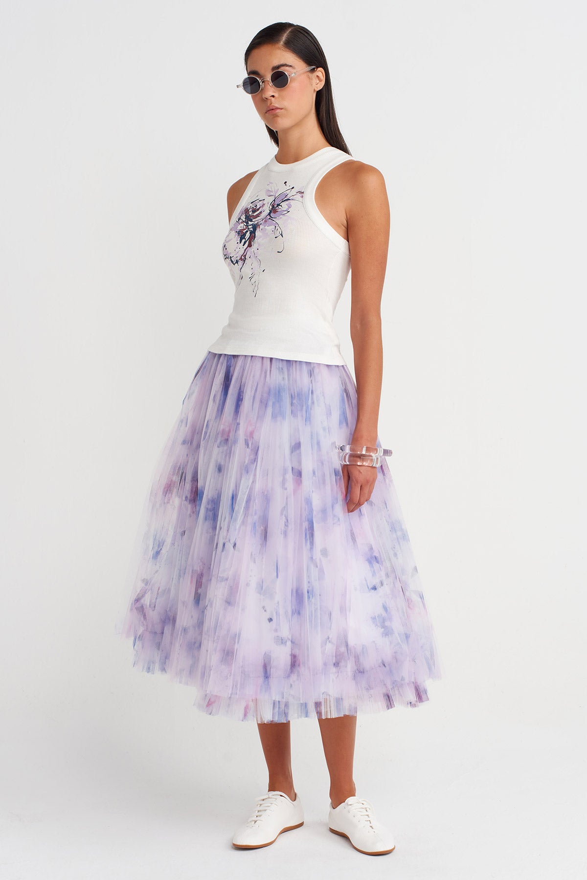 Off White Printed Ribbed Tank-Y261011014