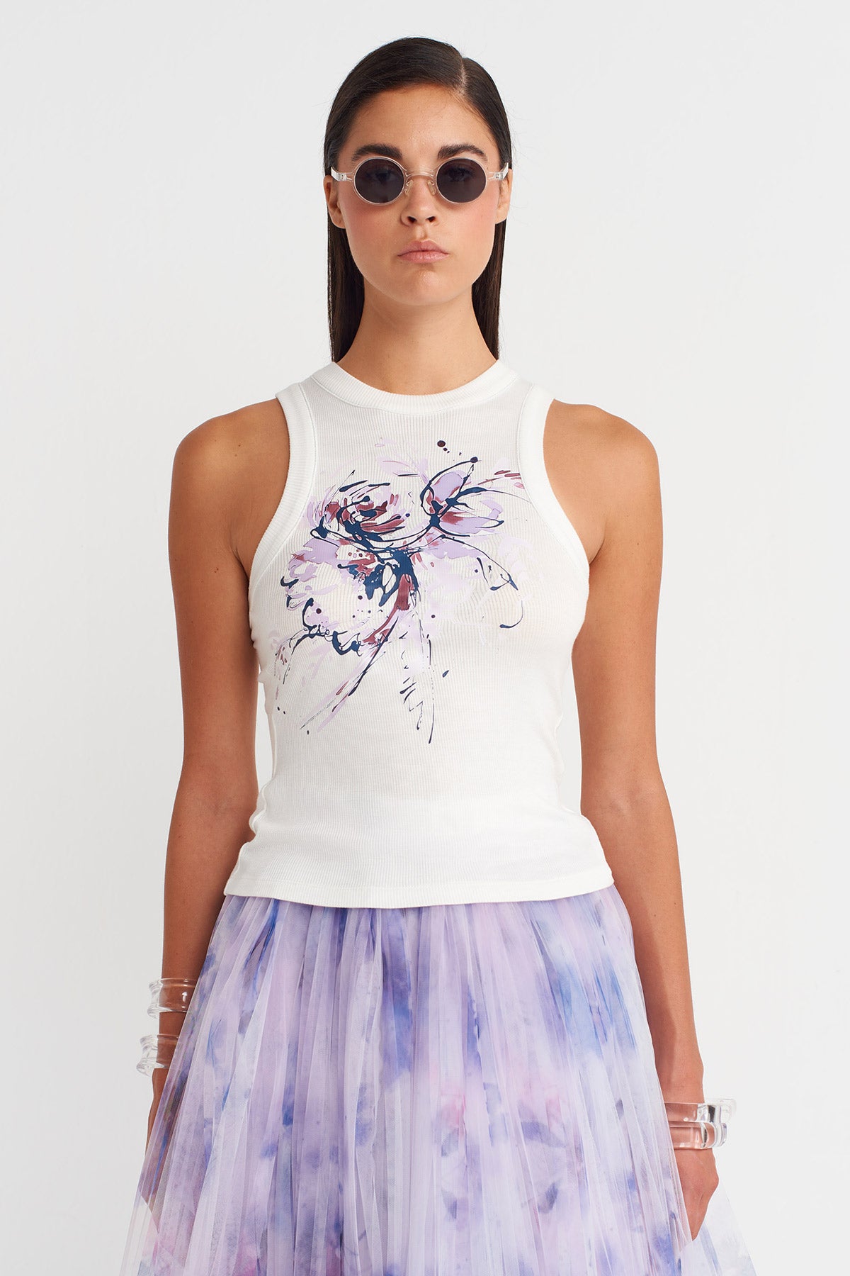 Off White Printed Ribbed Tank-Y261011014