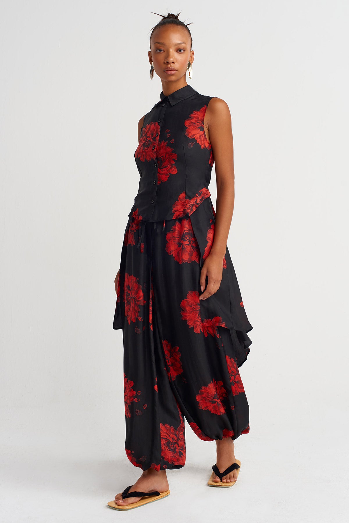 Sleeveless High-Low Floral Shirt-Y261011031