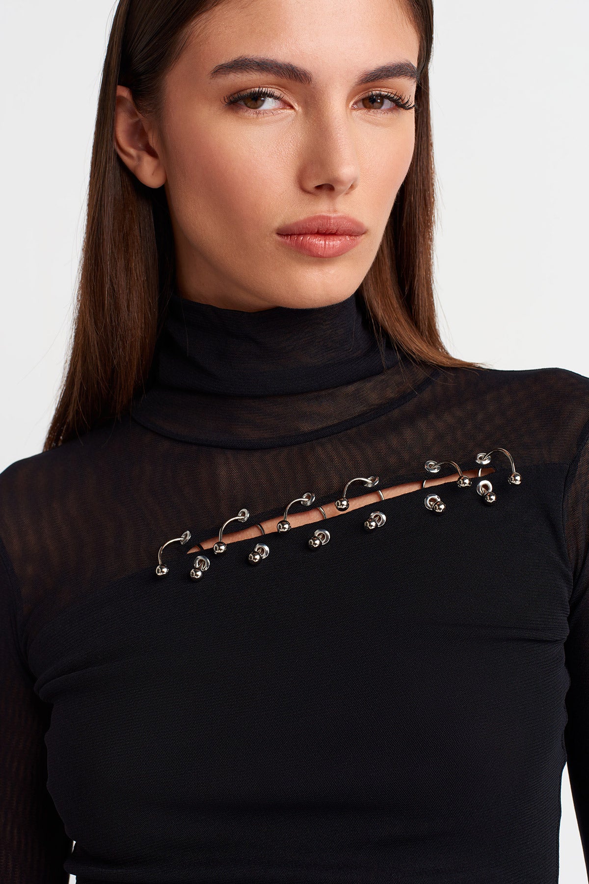 Black Sheer Tulle Body with Piercing Detail-Y261011035