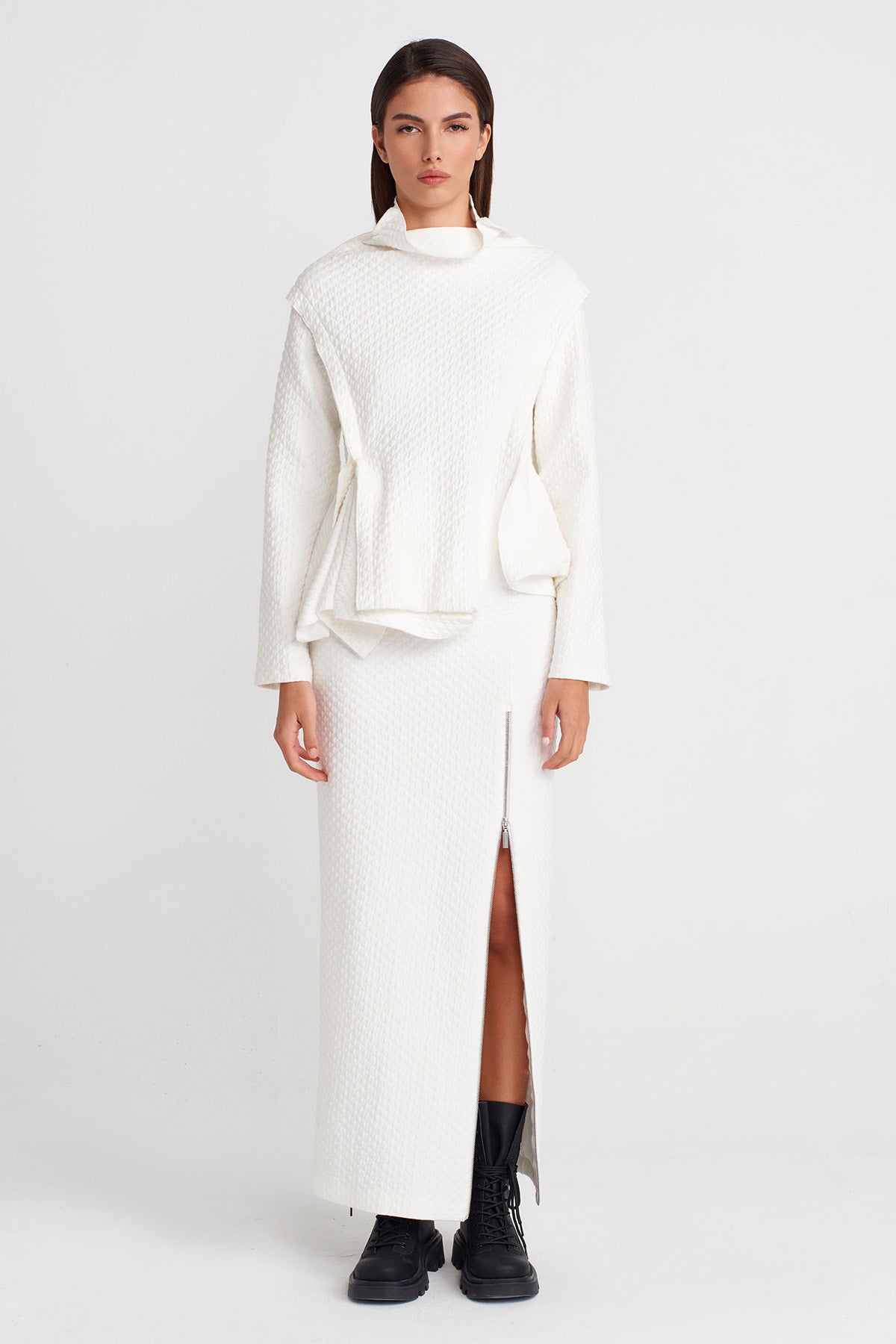 Off White Textured Blouse with Sculptural Form-Y261011037