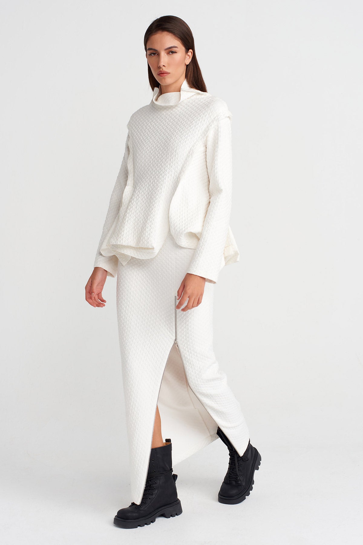 Off White Textured Blouse with Sculptural Form-Y261011037
