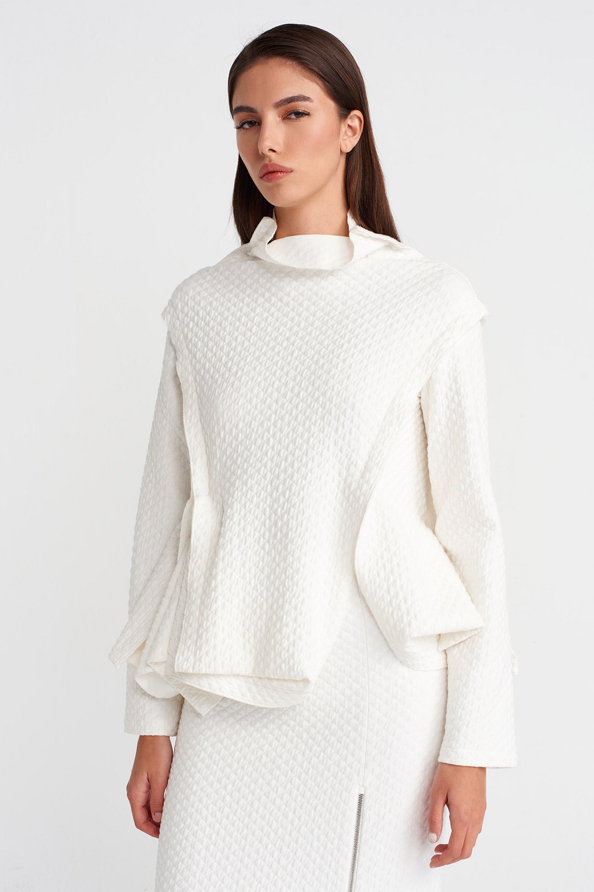 Off White Textured Blouse with Sculptural Form-Y261011037