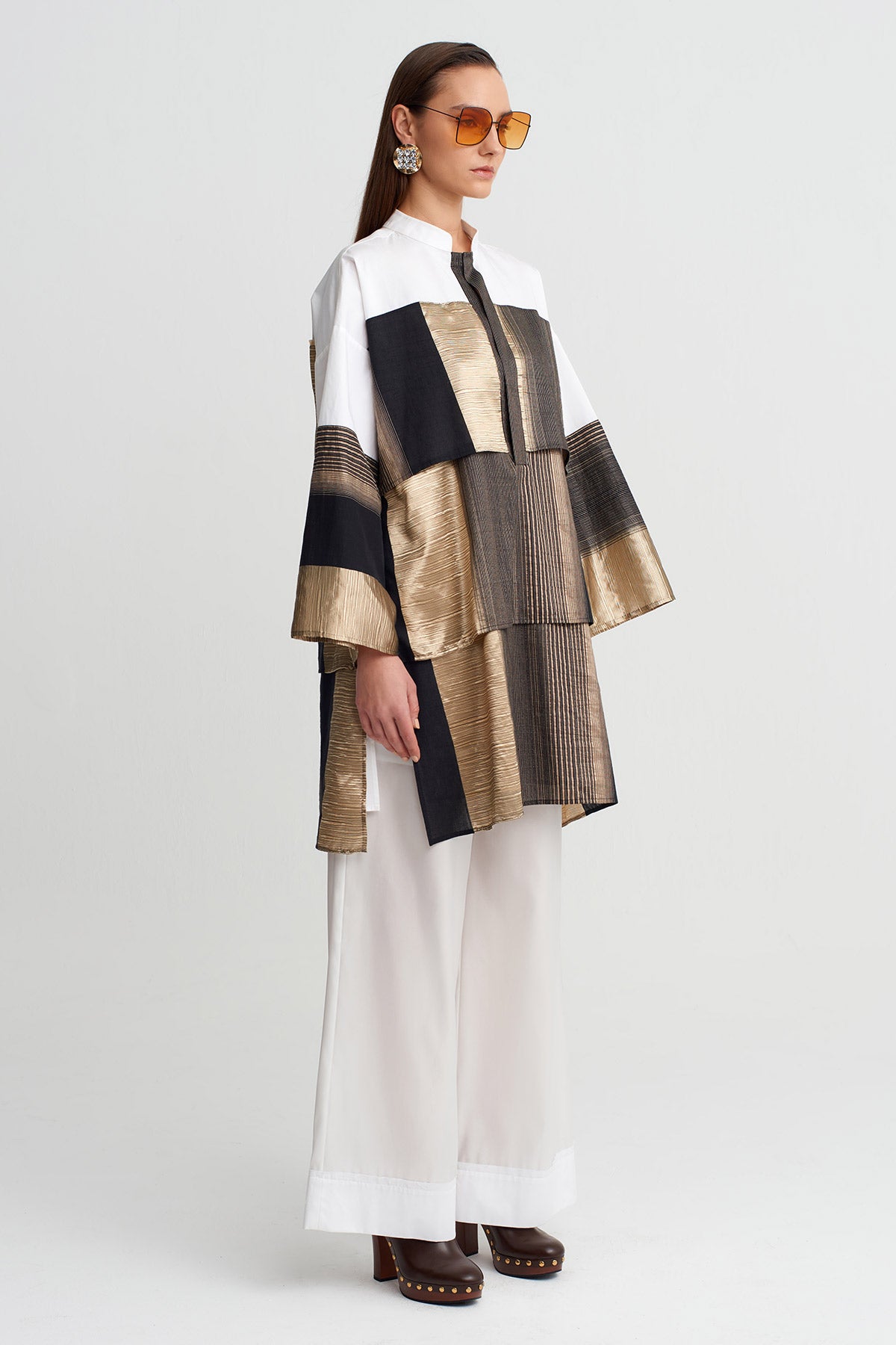 Black/Gold Patchwork Oversize Tunic Blouse-Y261011066