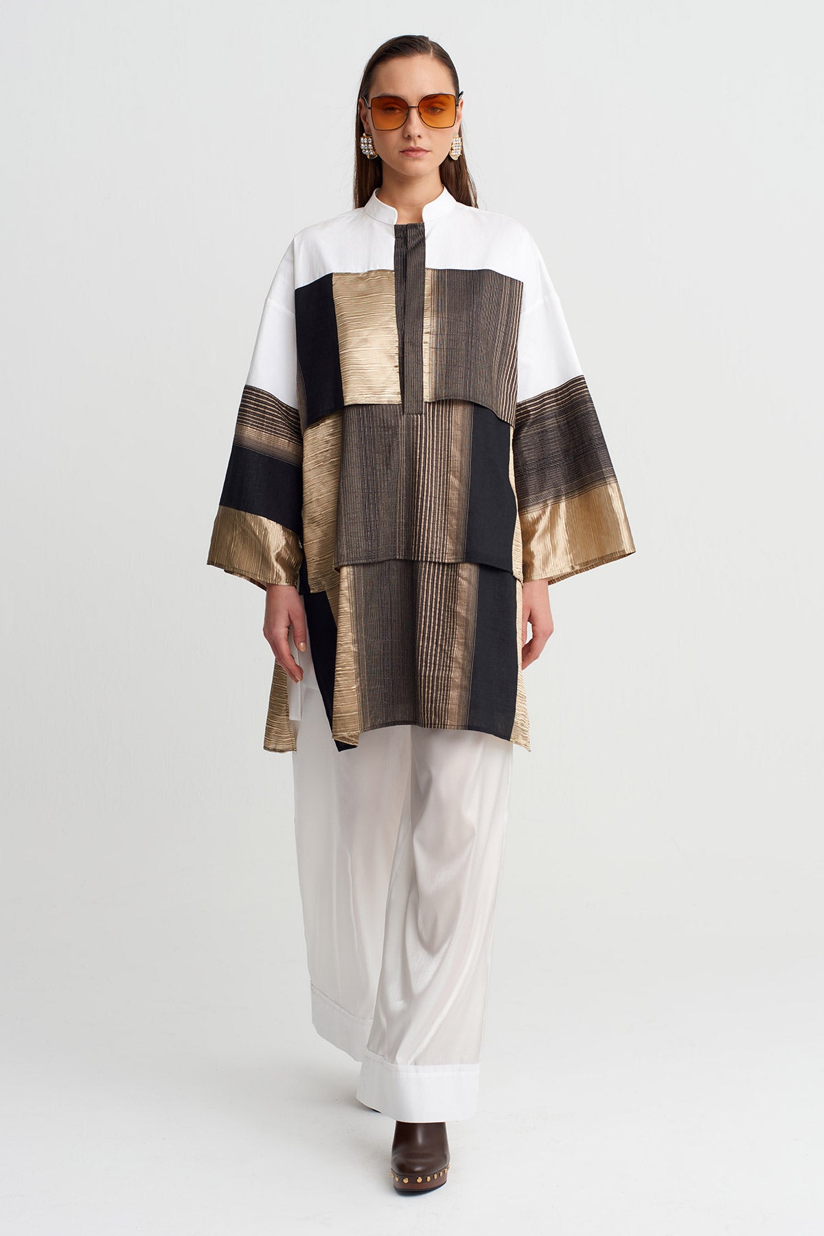 Black/Gold Patchwork Oversize Tunic Blouse-Y261011066