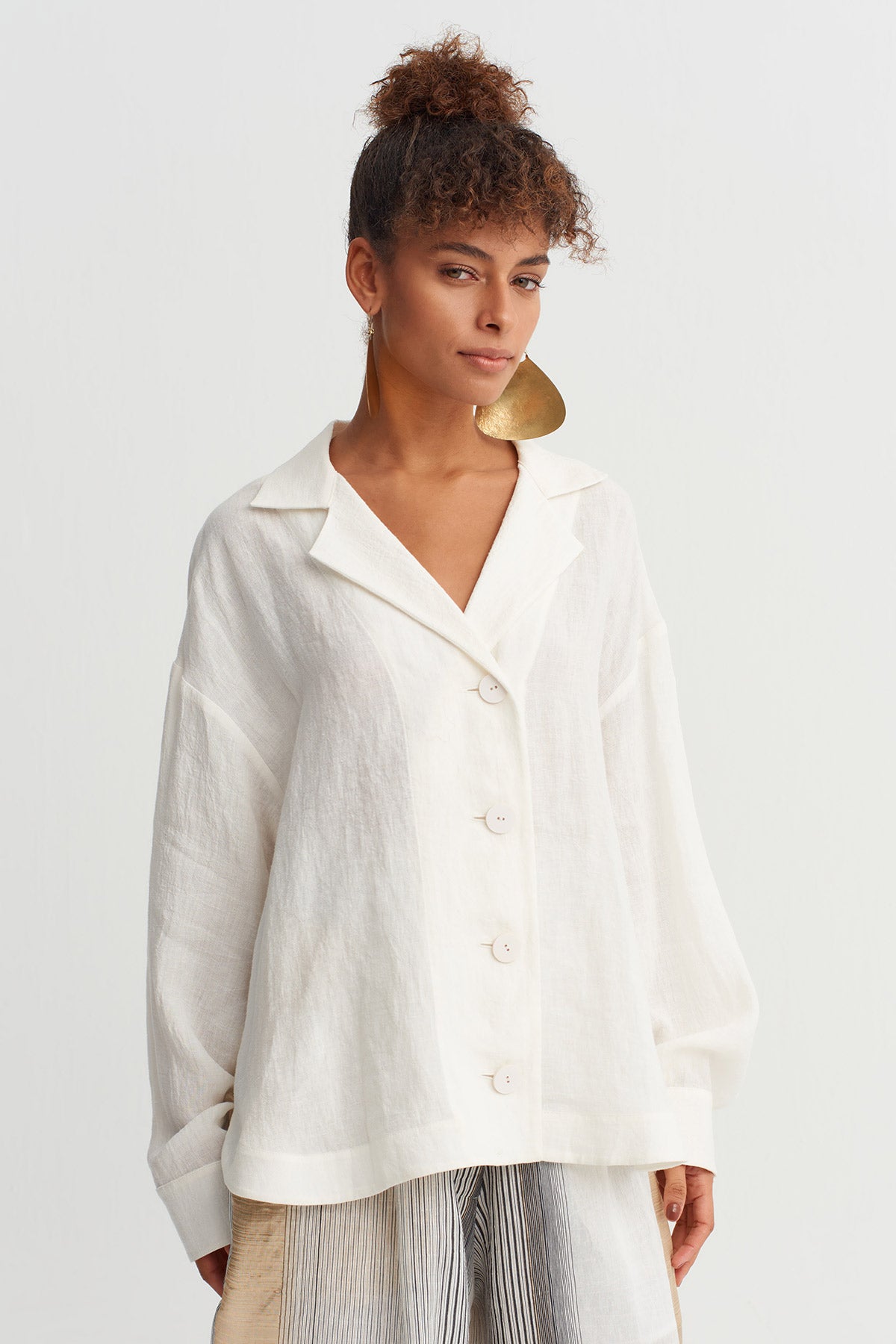Ecru Natural Linen Button-Down Shirt-Y261011068