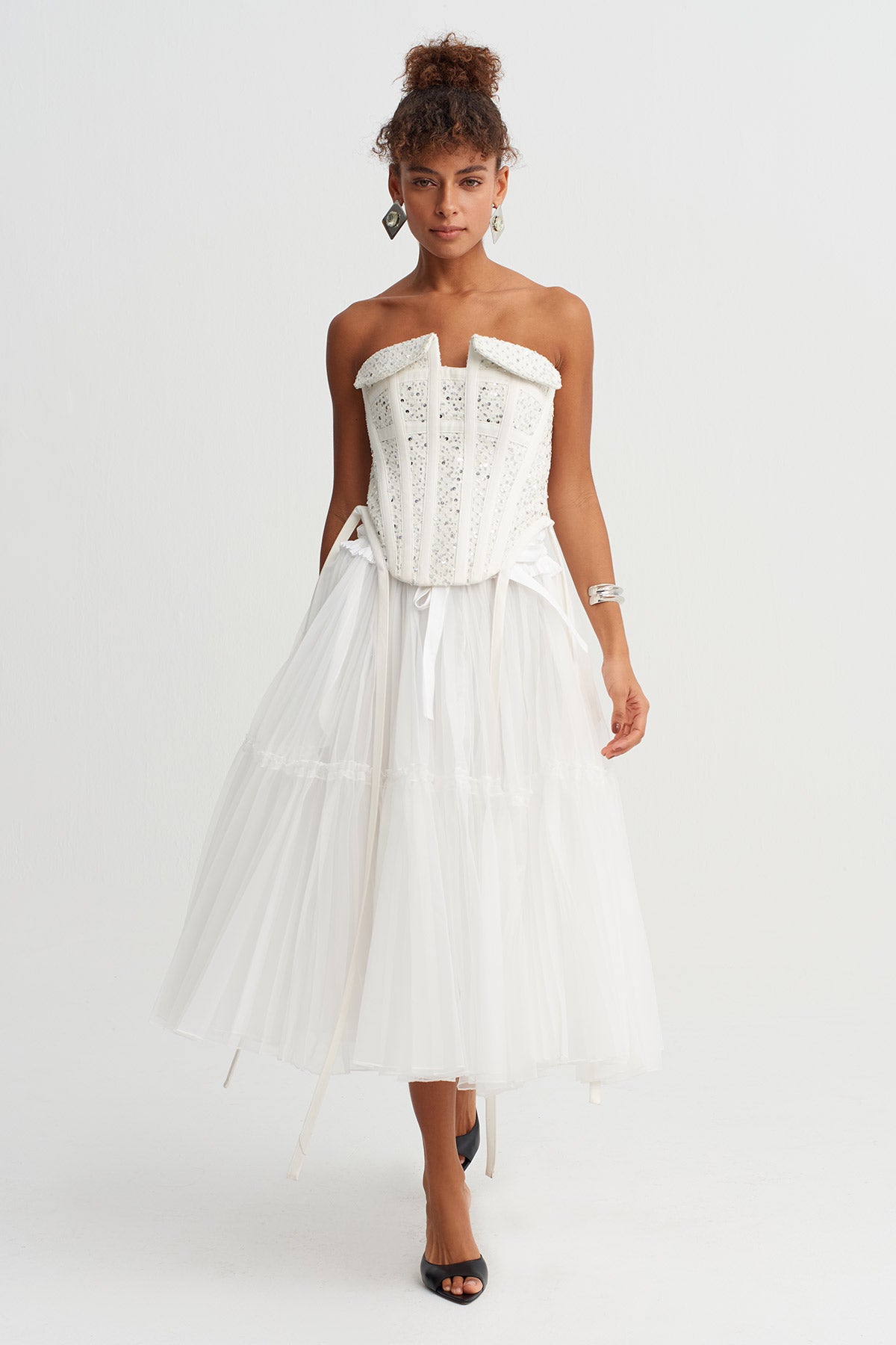 Off White Sequin Strapless Corset Top-Y261011087