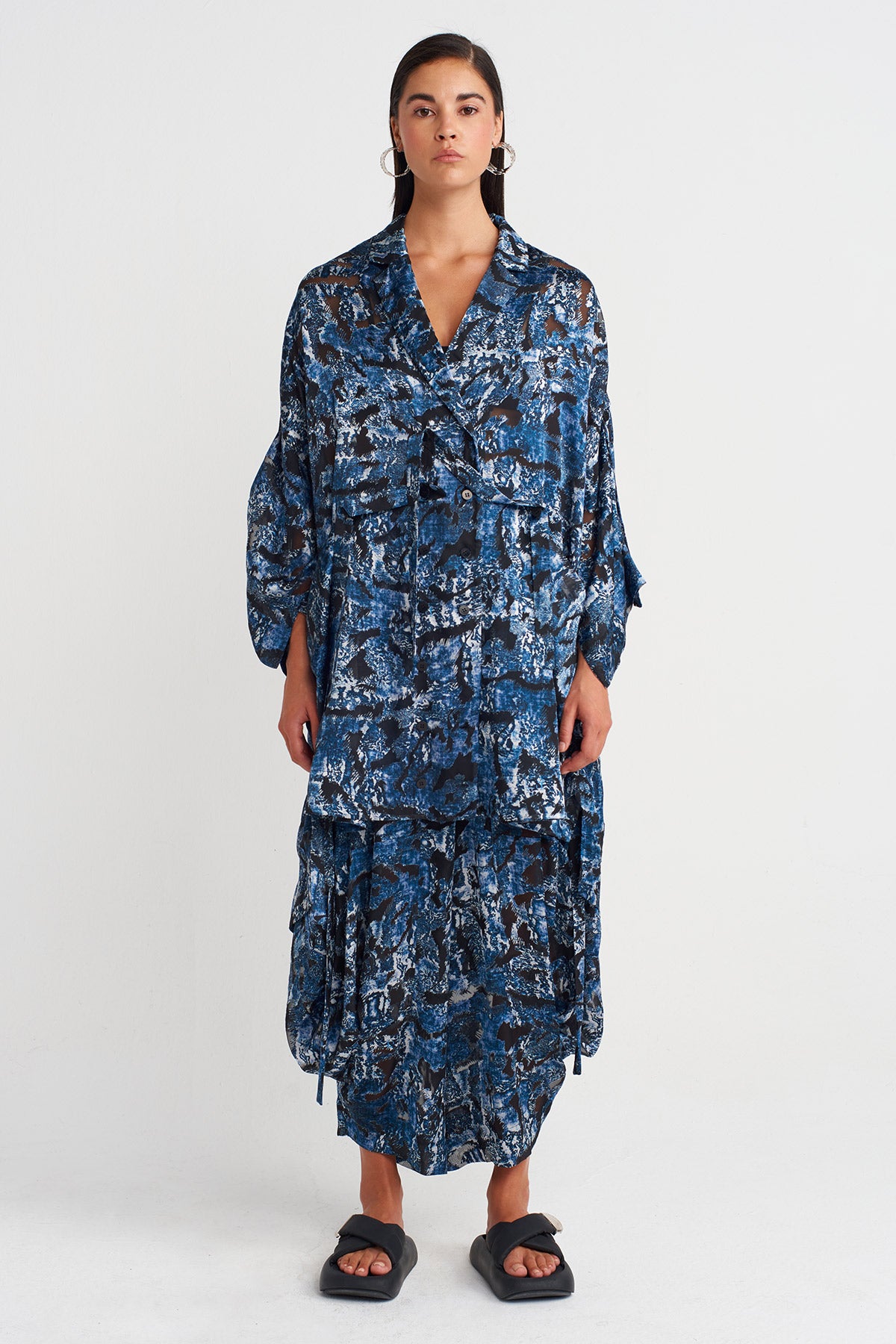 Indigo Abstract Pattern Ruffled Shirt-Y261011020
