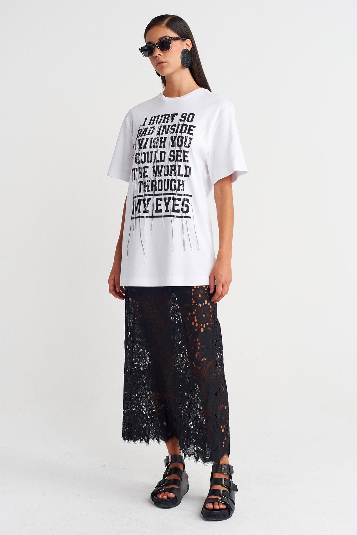 Off White Text Detailed Oversize T-Shirt-Y261011022
