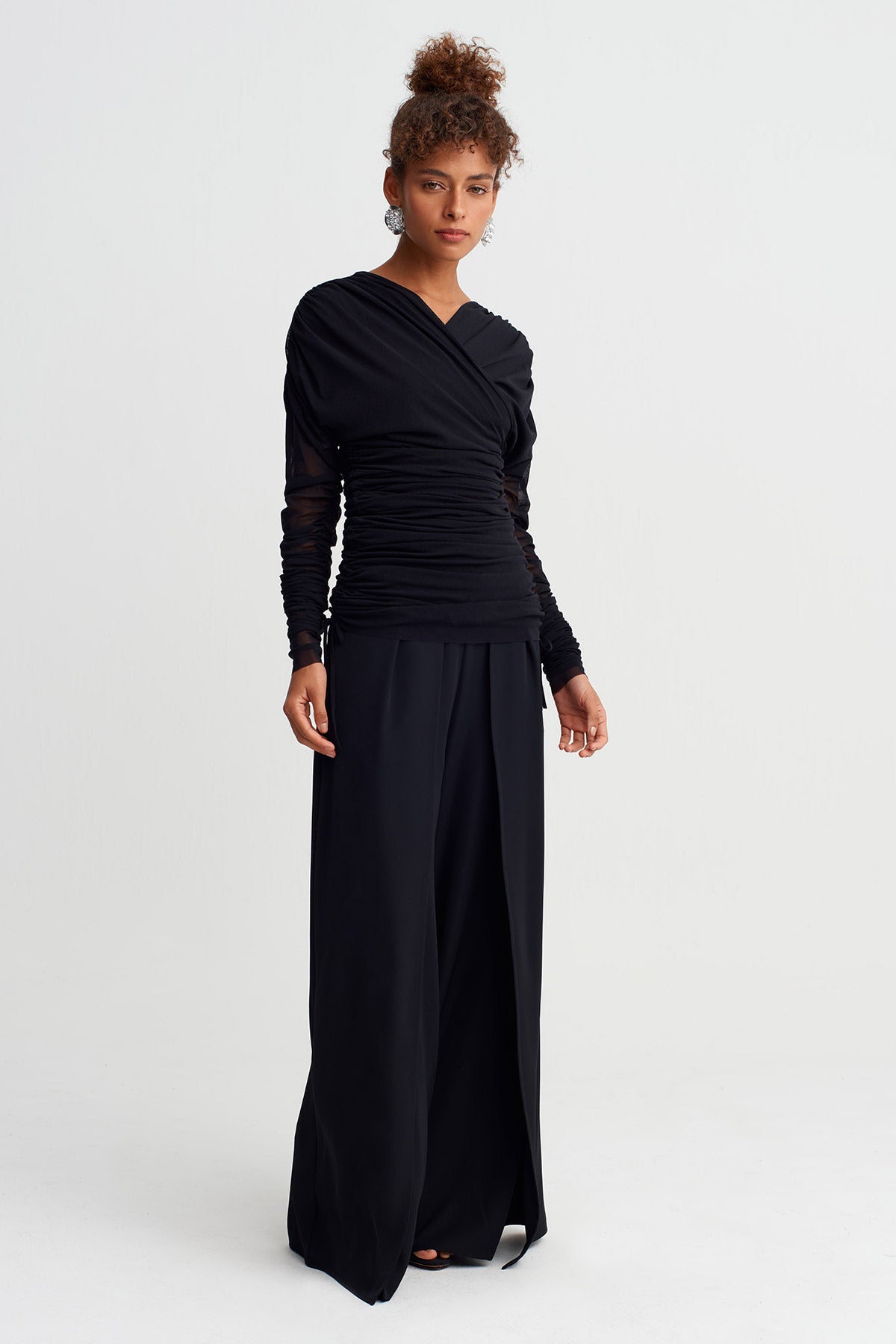 Black Draped Tulle Blouse-Y261011043