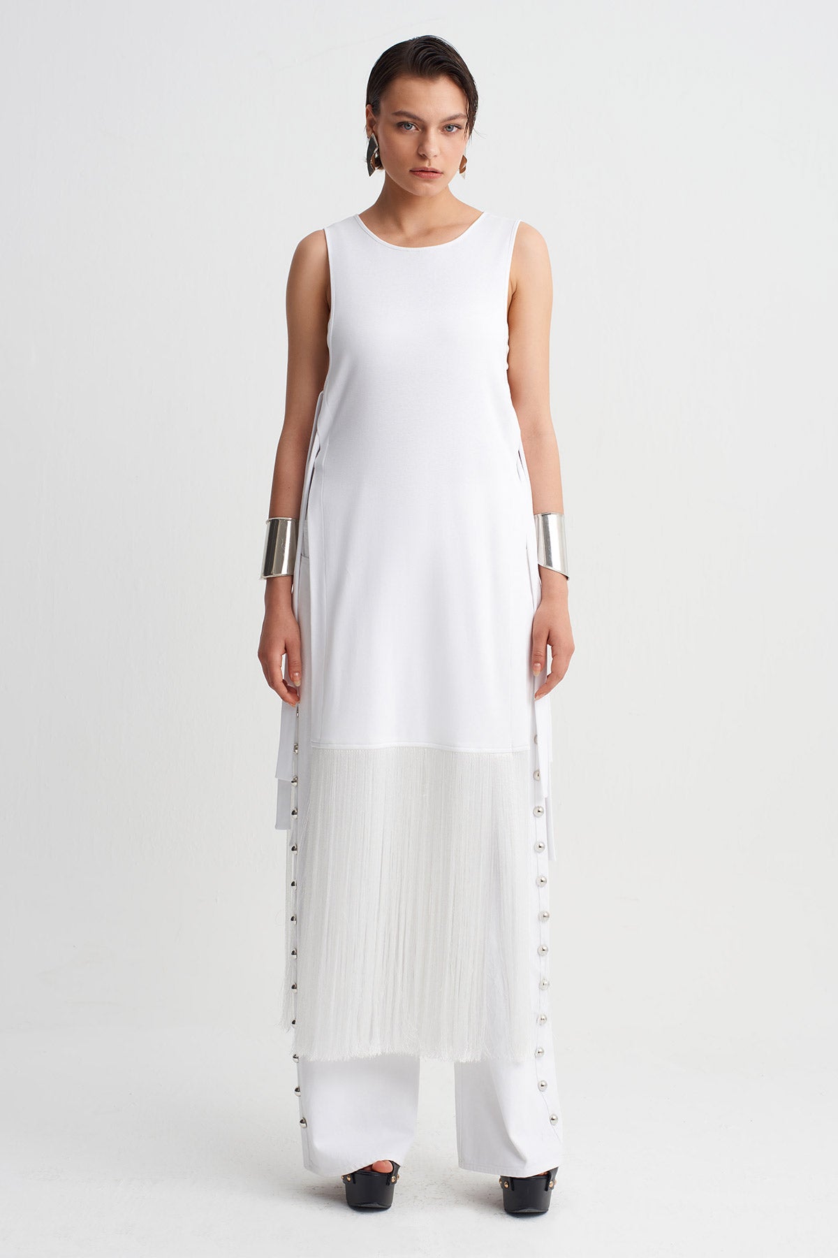 Off White Fringe Detailed Ribbed T-Shirt-Y261011120