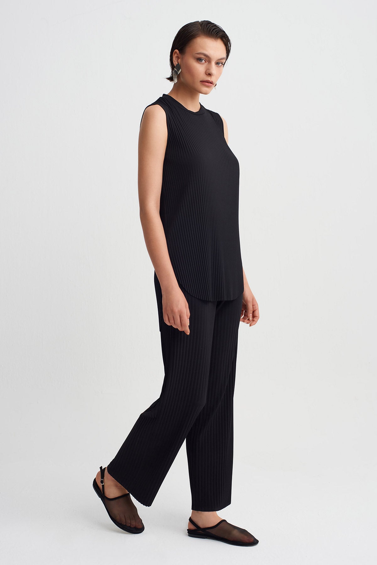 Black Jersey Pleated T-Shirt-Y261011133