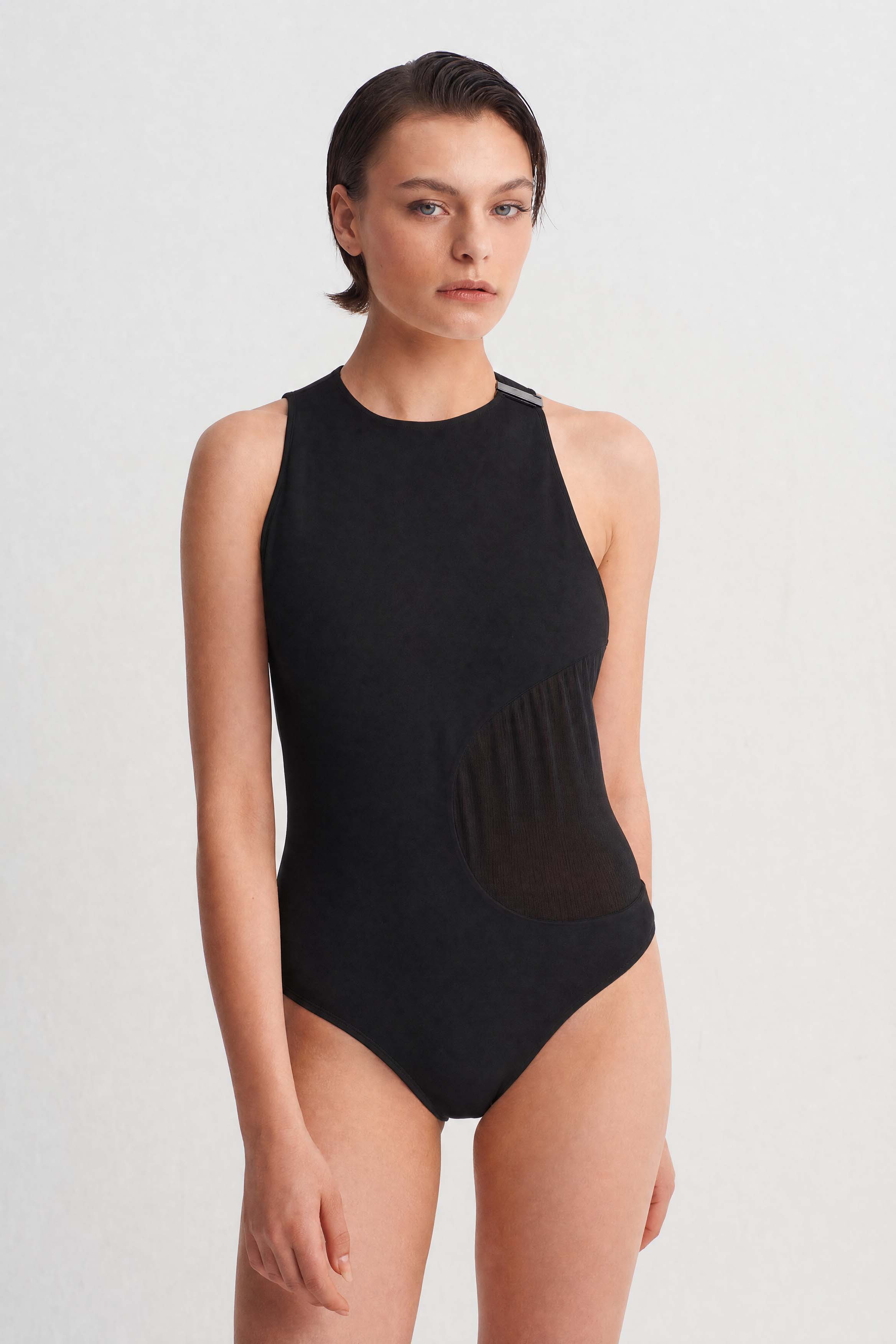 Black Body with Sheer Tulle Detail-Y261011152