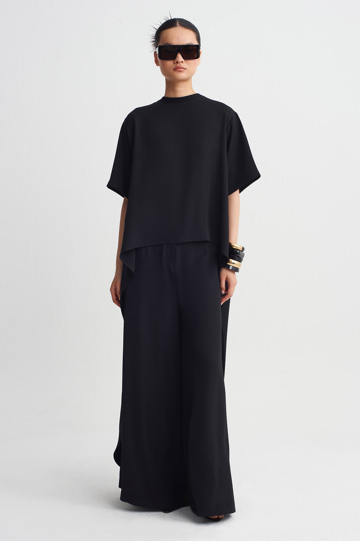 Black Asymmetrical Cut T-Shirt-Y261011153