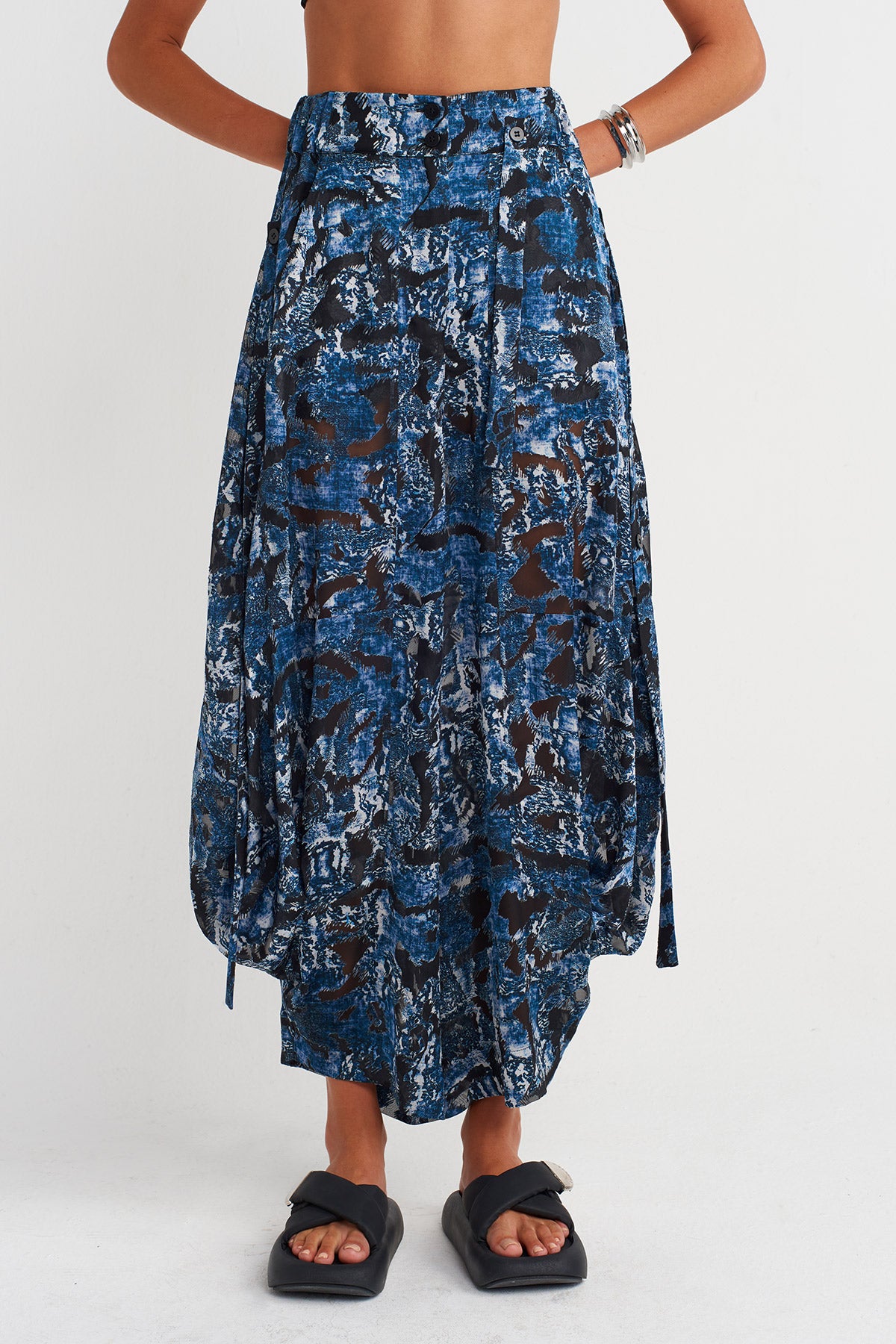 Indigo Abstract Printed Draped Trousers-Y263013009