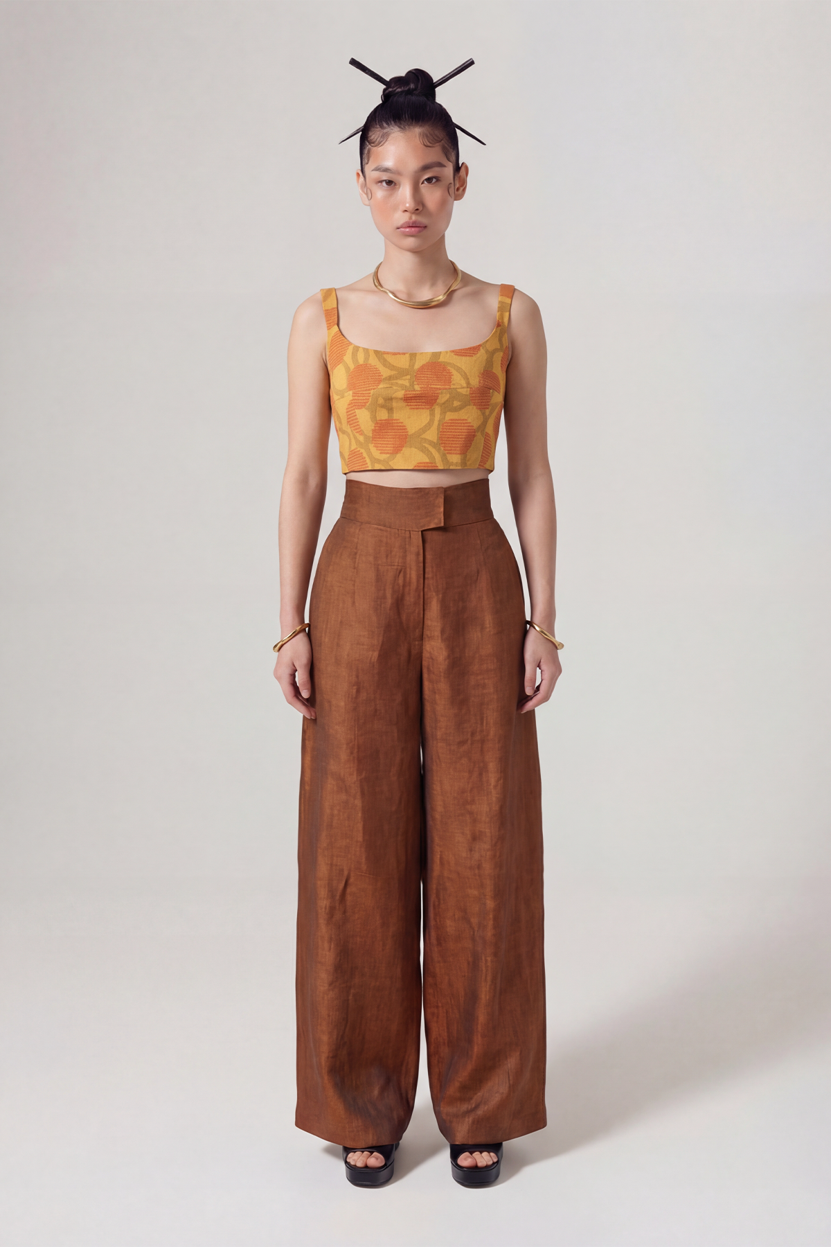 Bronze High-Waisted Wide-Leg Trousers-Y263013031