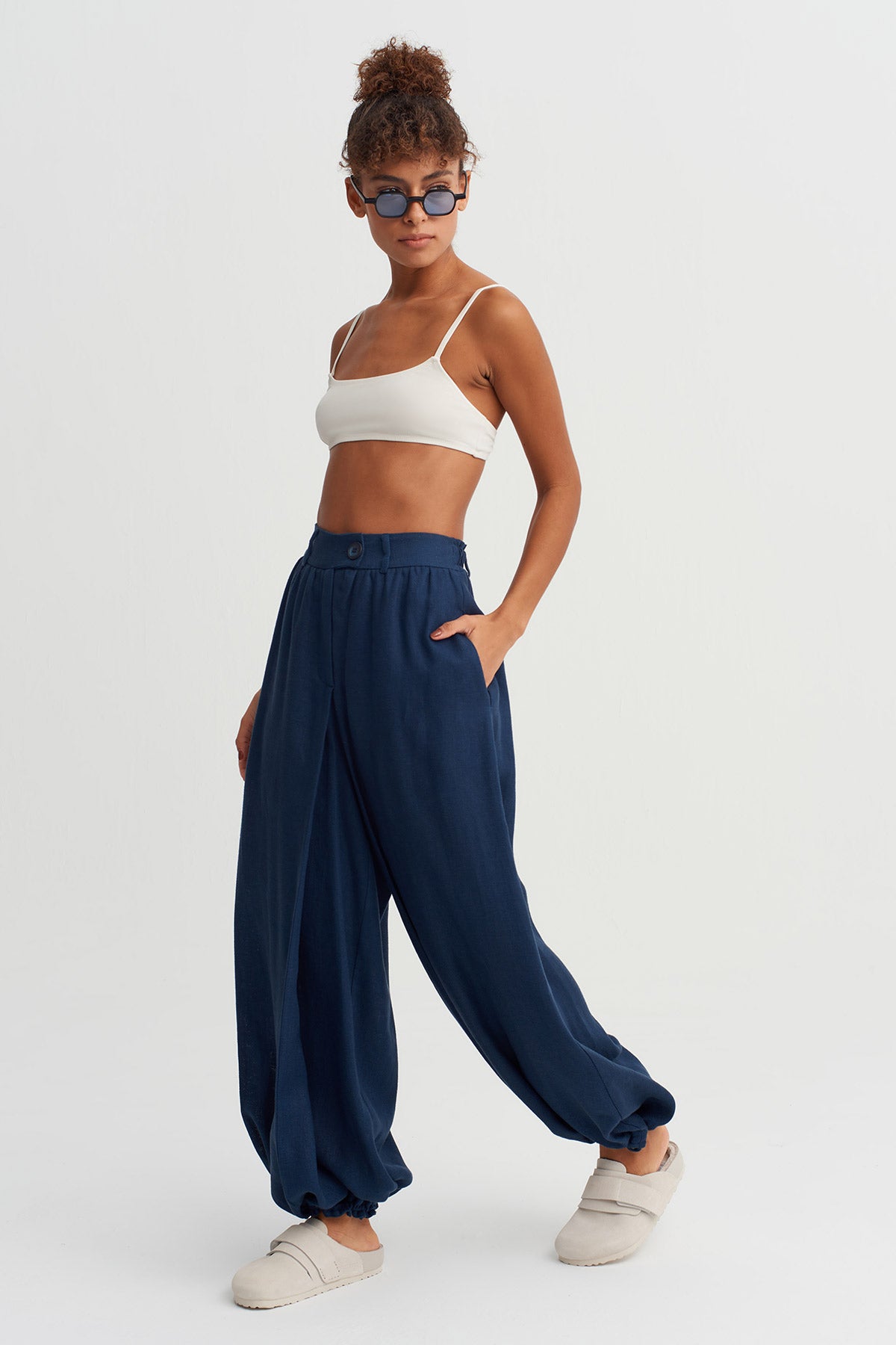 Indigo Drawstring Wide-Leg Trousers-Y263013052