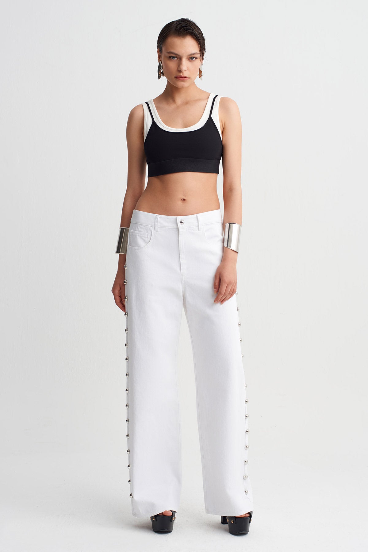 Off White High-Waisted Trousers with Studded Sides-Y263013075