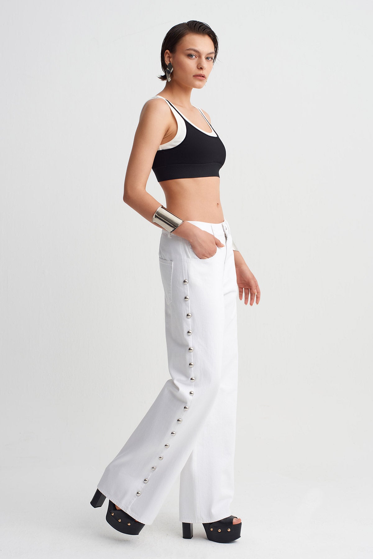 Off White High-Waisted Trousers with Studded Sides-Y263013075