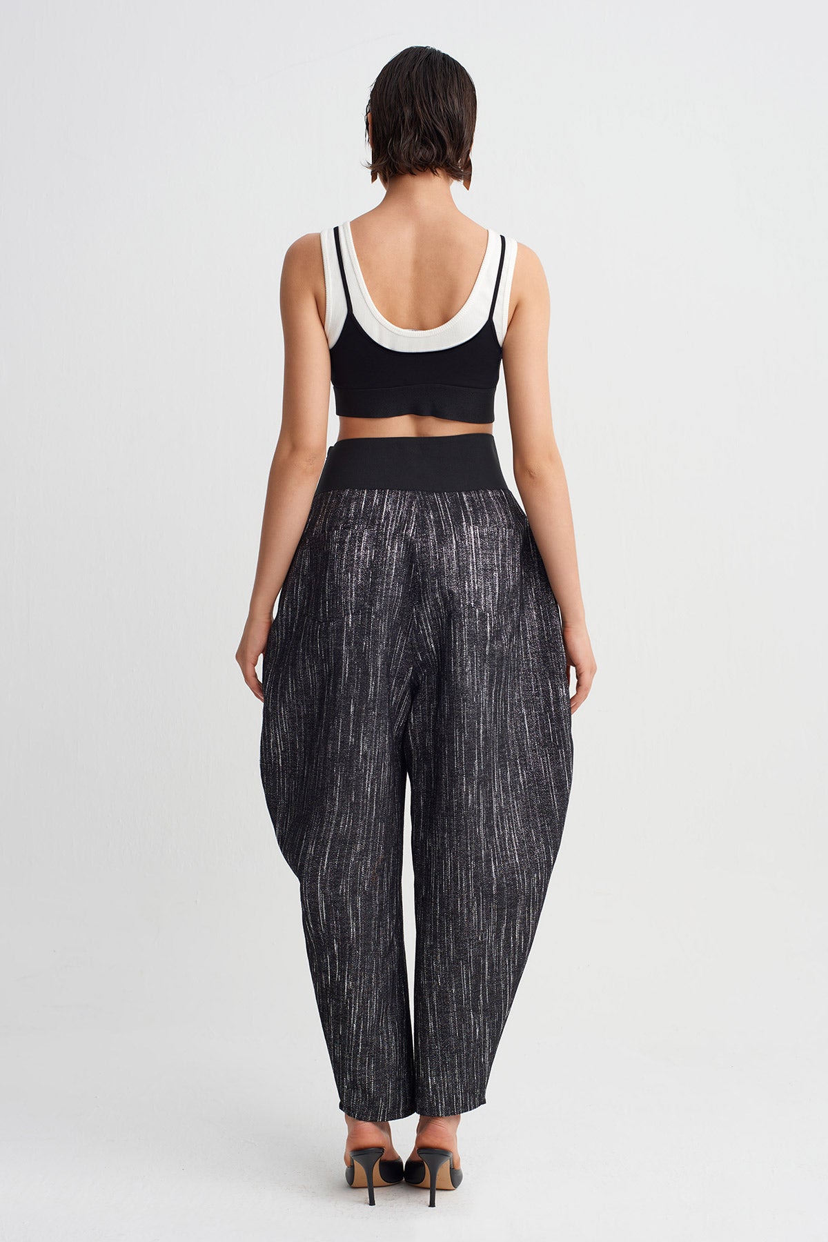 Black Mélange High-Waisted Belted Trousers-Y263013076