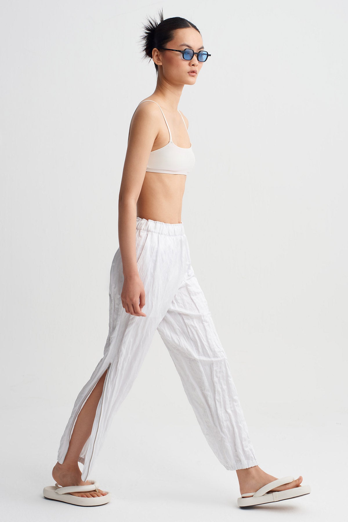 Off White Crinkled Poplin Trousers-Y263013092