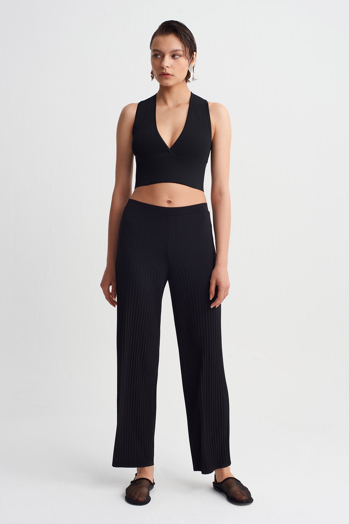 Black Slim Leg Jersey Pleated Trousers-Y263013103