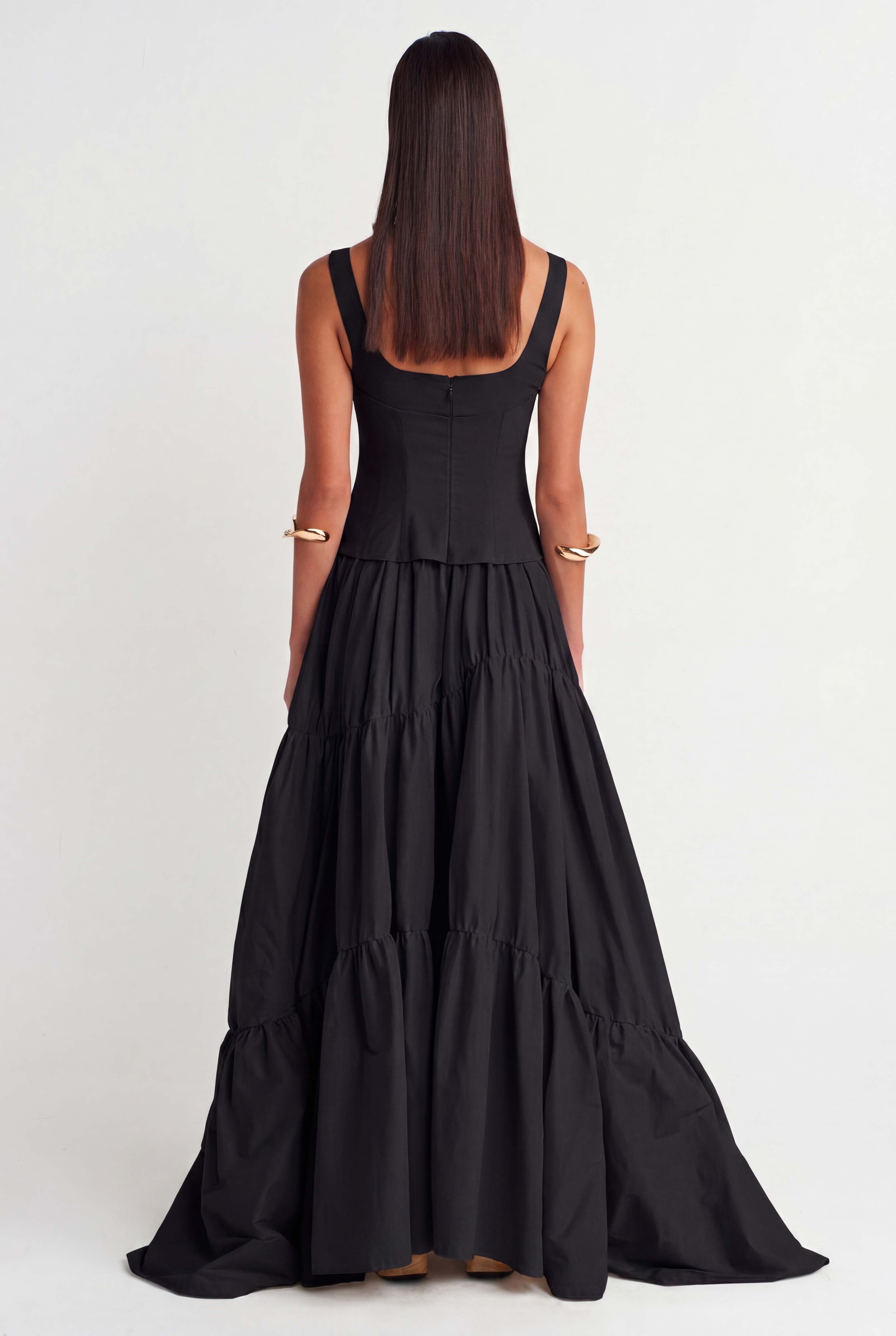 Black Corset-Inspired Top & Tiered Maxi Dress-Y264014018