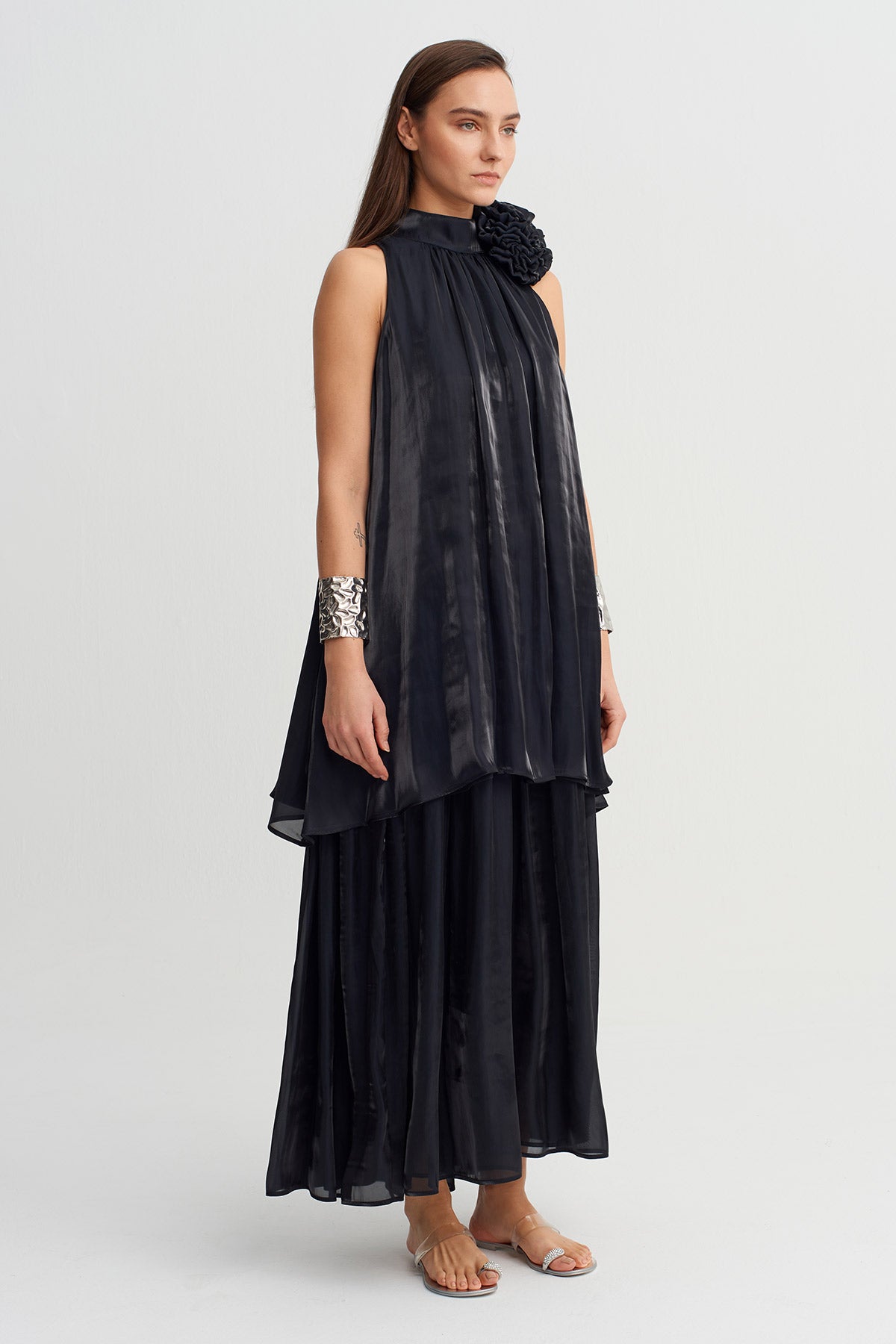 Black Satin Dress with Floral Neck Detail-Y264014019