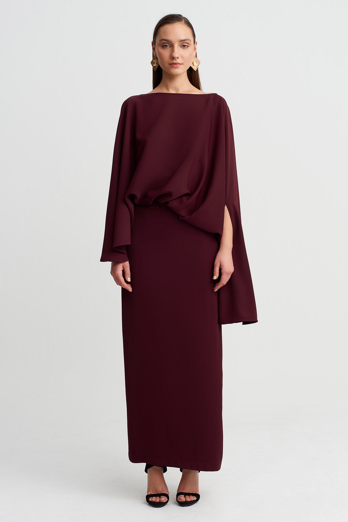 Burgundy Boat Neck Cape-Detail Long Dress-Y264014022