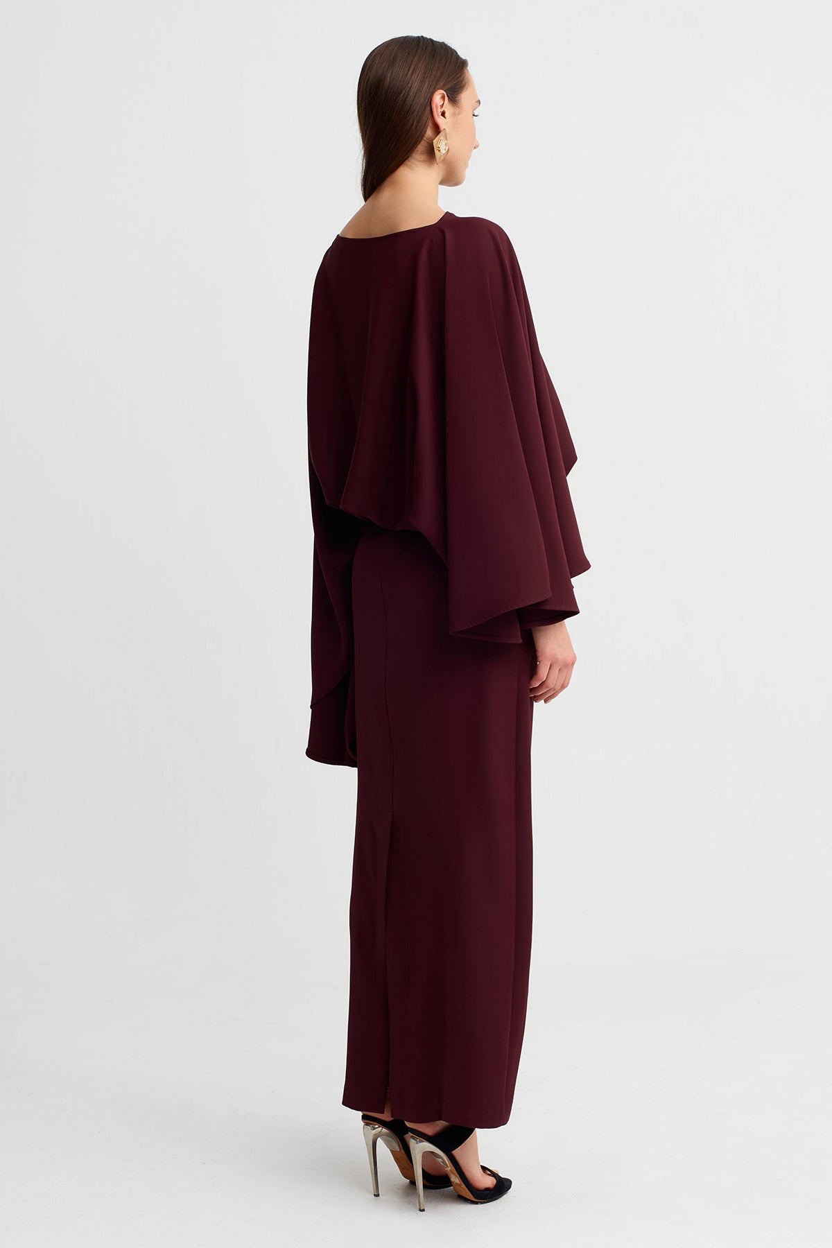 Burgundy Boat Neck Cape-Detail Long Dress-Y264014022